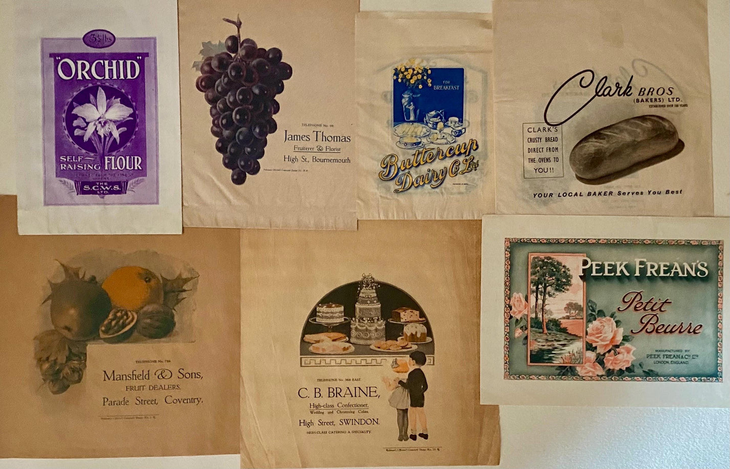 Seven Items of Genuine Vintage Packaging Used To Wrap Food. Unused. From England. Circa 1940s. Various Sizes.
