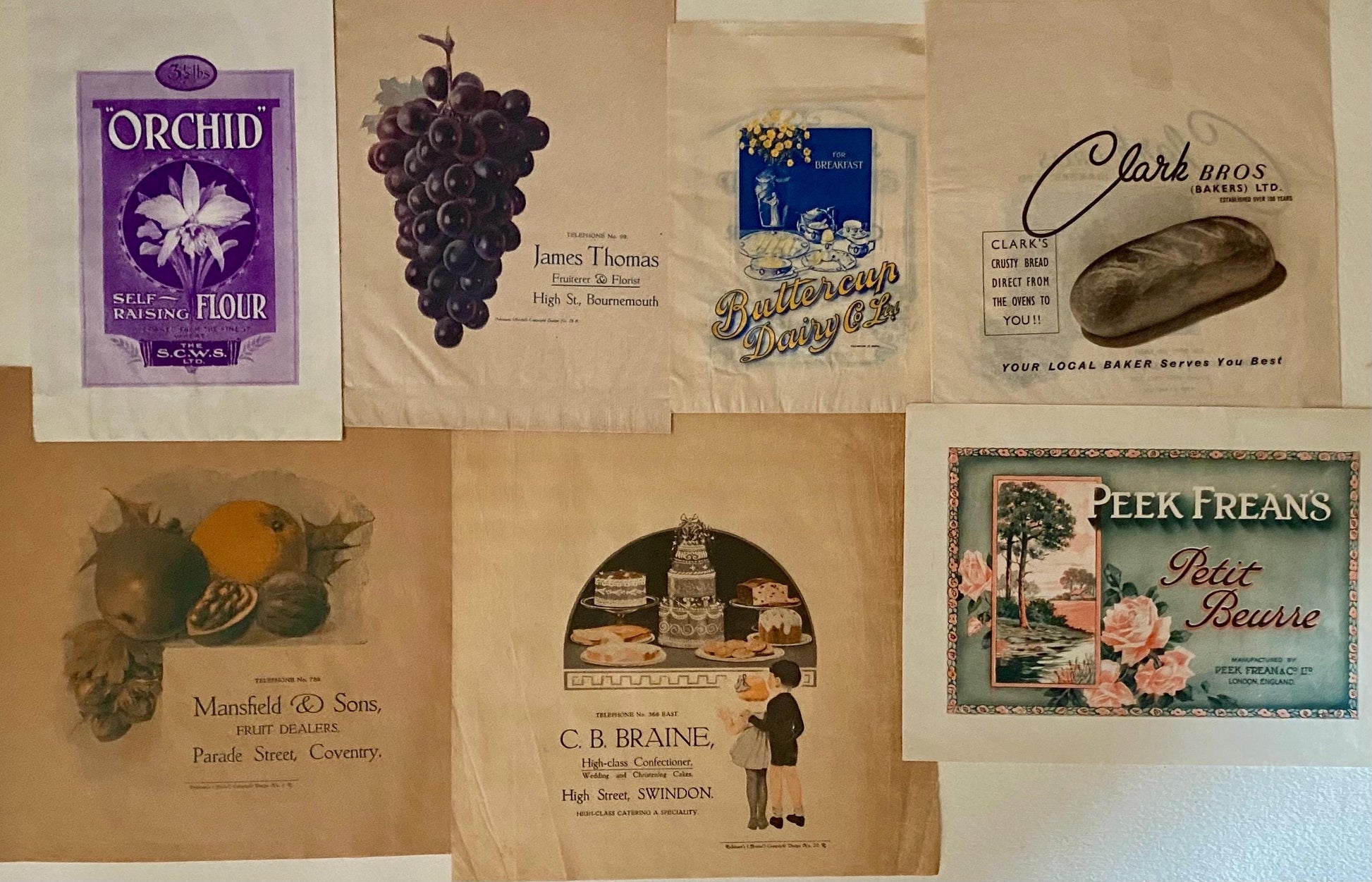 Seven Items of Genuine Vintage Packaging Used To Wrap Food. Unused. From England. Circa 1940s. Various Sizes.