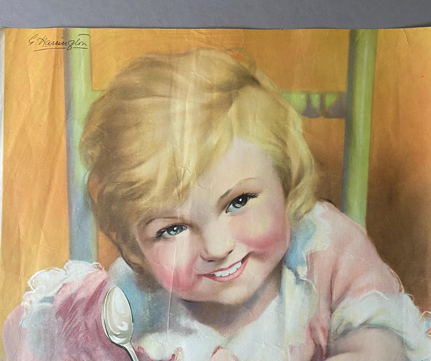 More Milk Please! An Original Antique Poster Advertising Milk. Designed by G. Harrington. 1920s. Size: 49.5 x 38 cms.