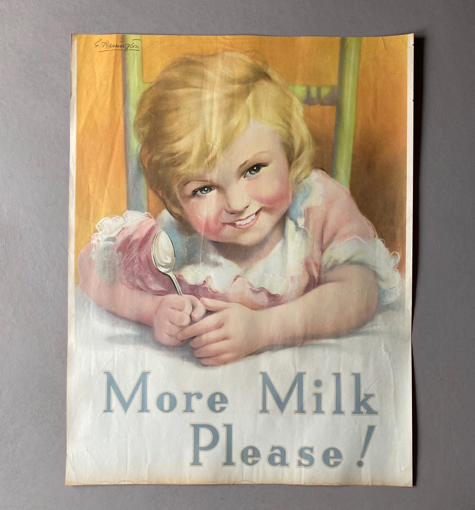 More Milk Please! An Original Antique Poster Advertising Milk. Designed by G. Harrington. 1920s. Size: 49.5 x 38 cms.