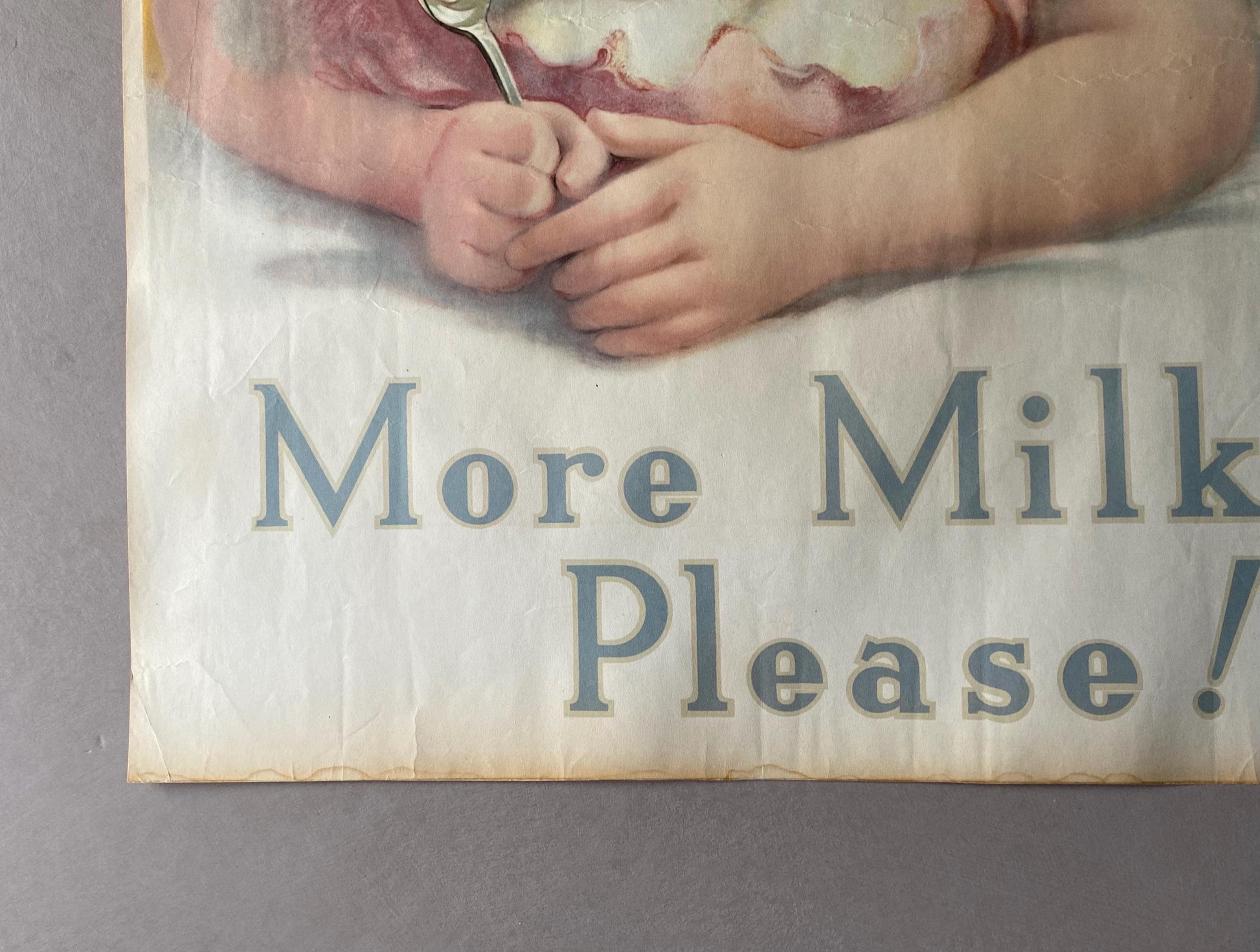 More Milk Please! An Original Antique Poster Advertising Milk. Designed by G. Harrington. 1920s. Size: 49.5 x 38 cms.