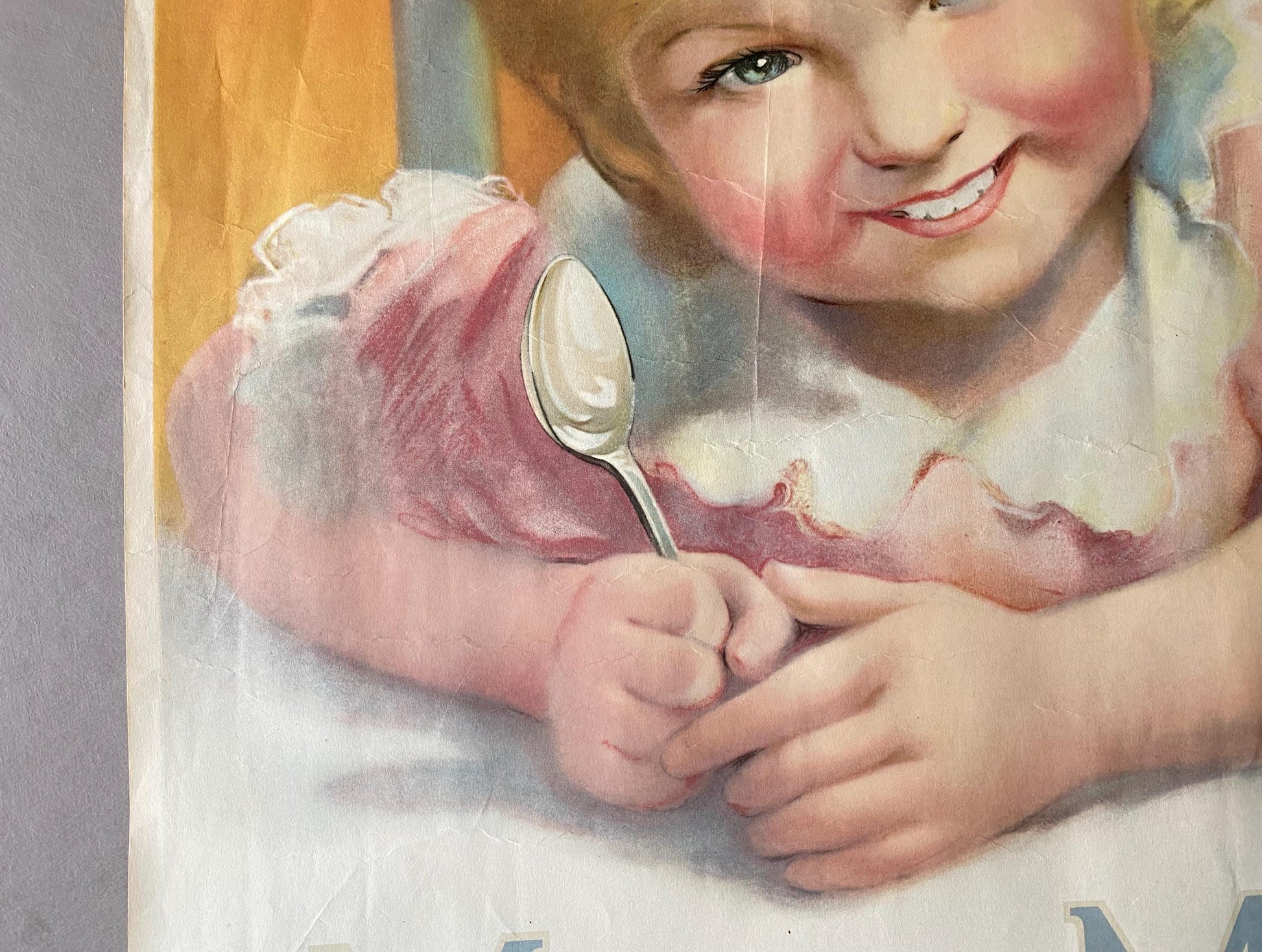 More Milk Please! An Original Antique Poster Advertising Milk. Designed by G. Harrington. 1920s. Size: 49.5 x 38 cms.
