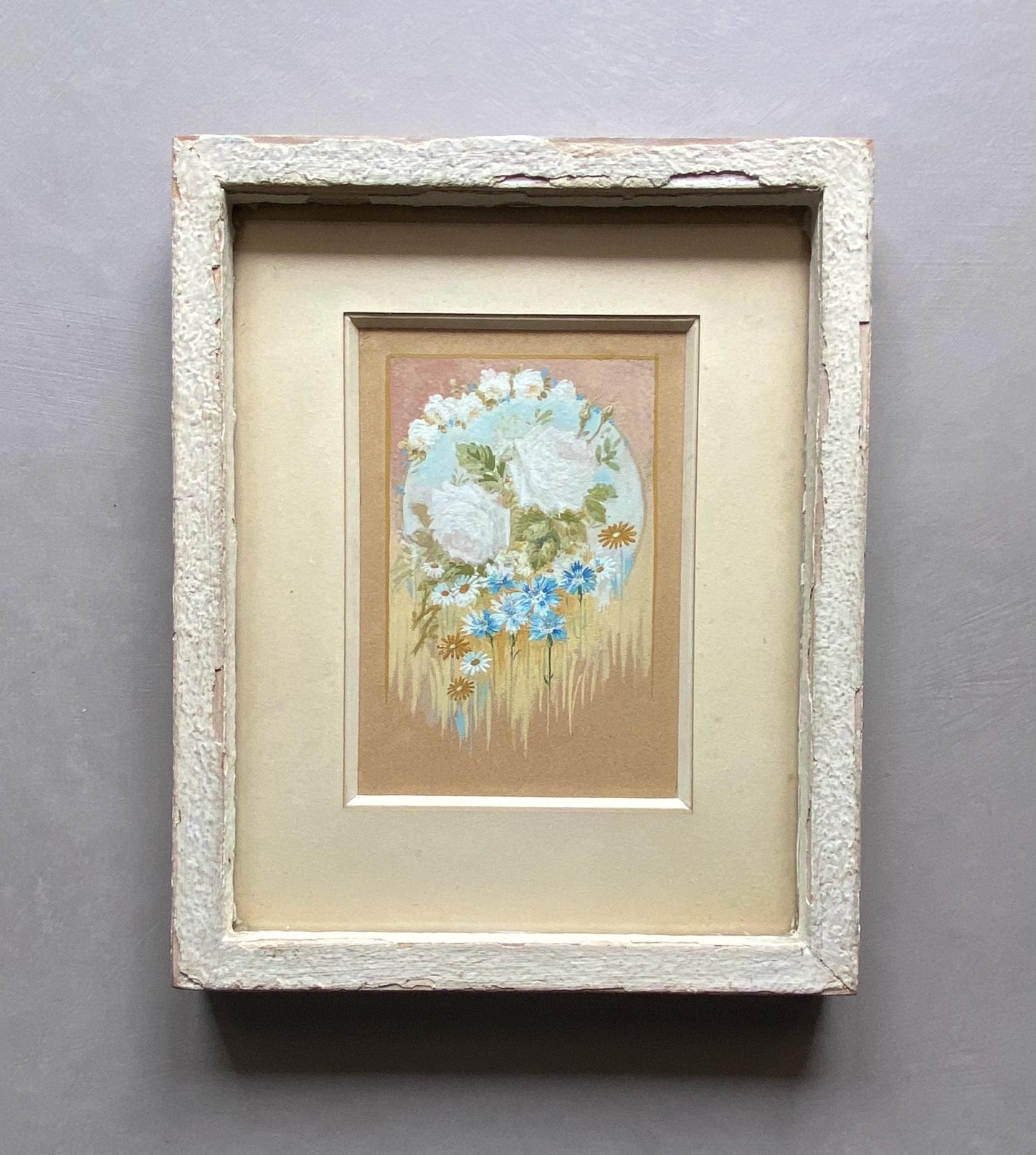 A Most Delicate Floral Watercolour Painting in Original Frame. French. Shabby chic. Undated. Size with frame: 51 x 25.5 cms.