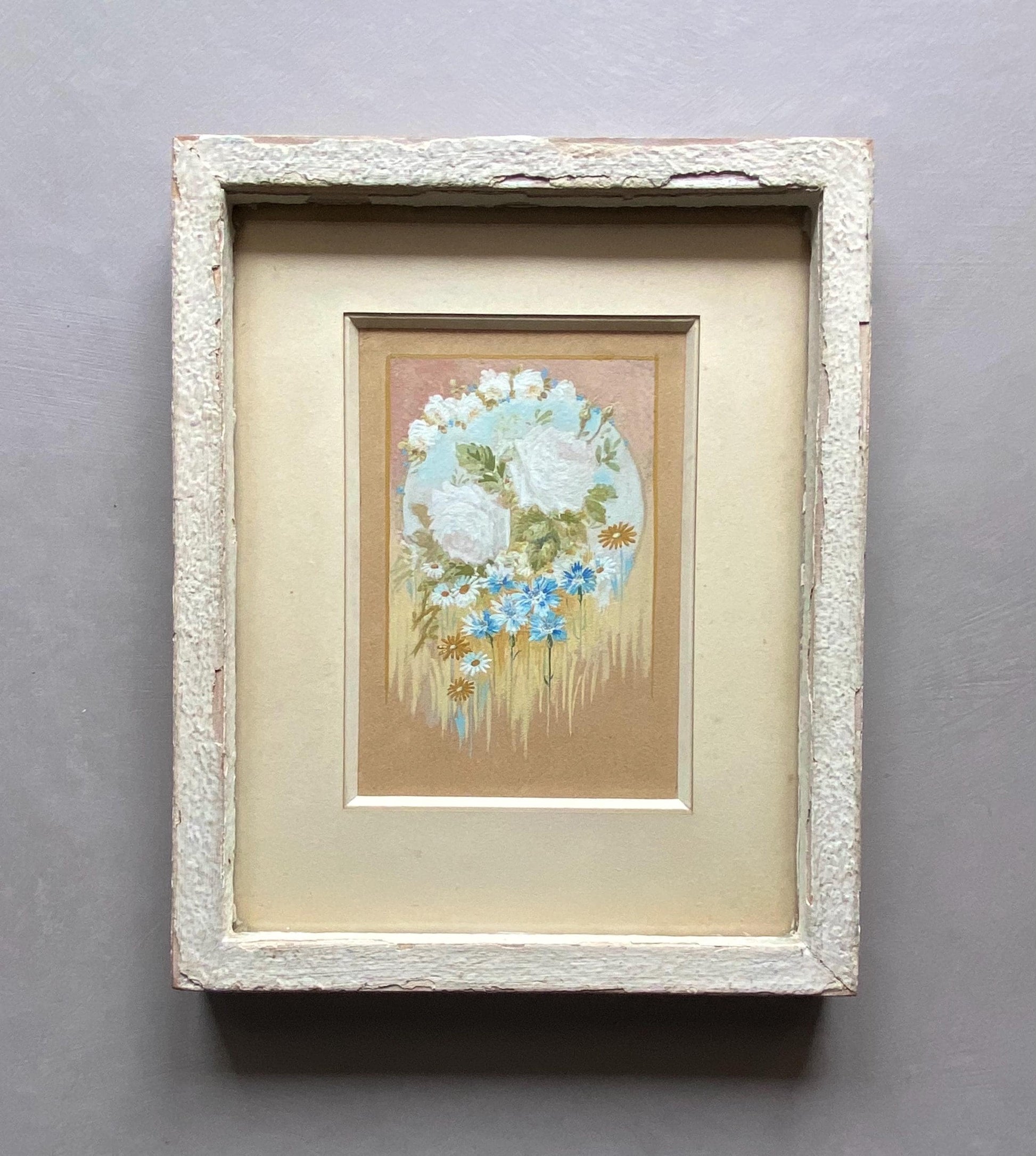 A Most Delicate Floral Watercolour Painting in Original Frame. French. Shabby chic. Undated. Size with frame: 51 x 25.5 cms.