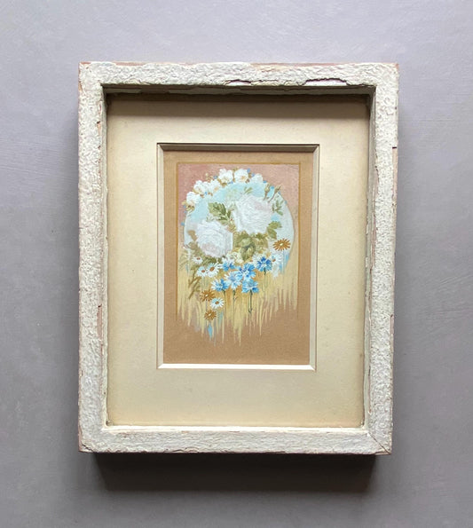 A Most Delicate Floral Watercolour Painting in Original Frame. French. Shabby chic. Undated. Size with frame: 51 x 25.5 cms.