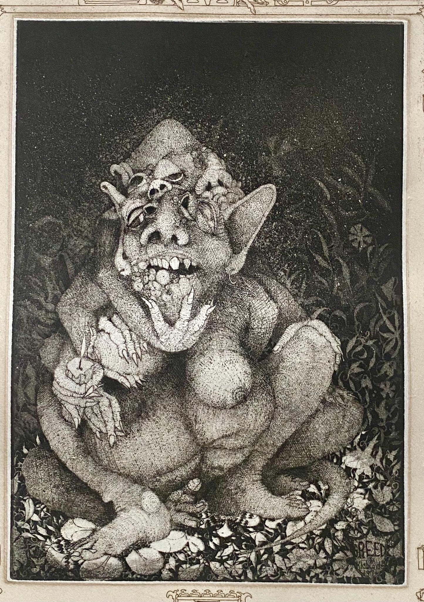 Greed. A Copper Plate Engraving by Charles S. Klabunde. Number 36 of 60. Signed and Dated 1974. Large: 70 x 49.5 cms.