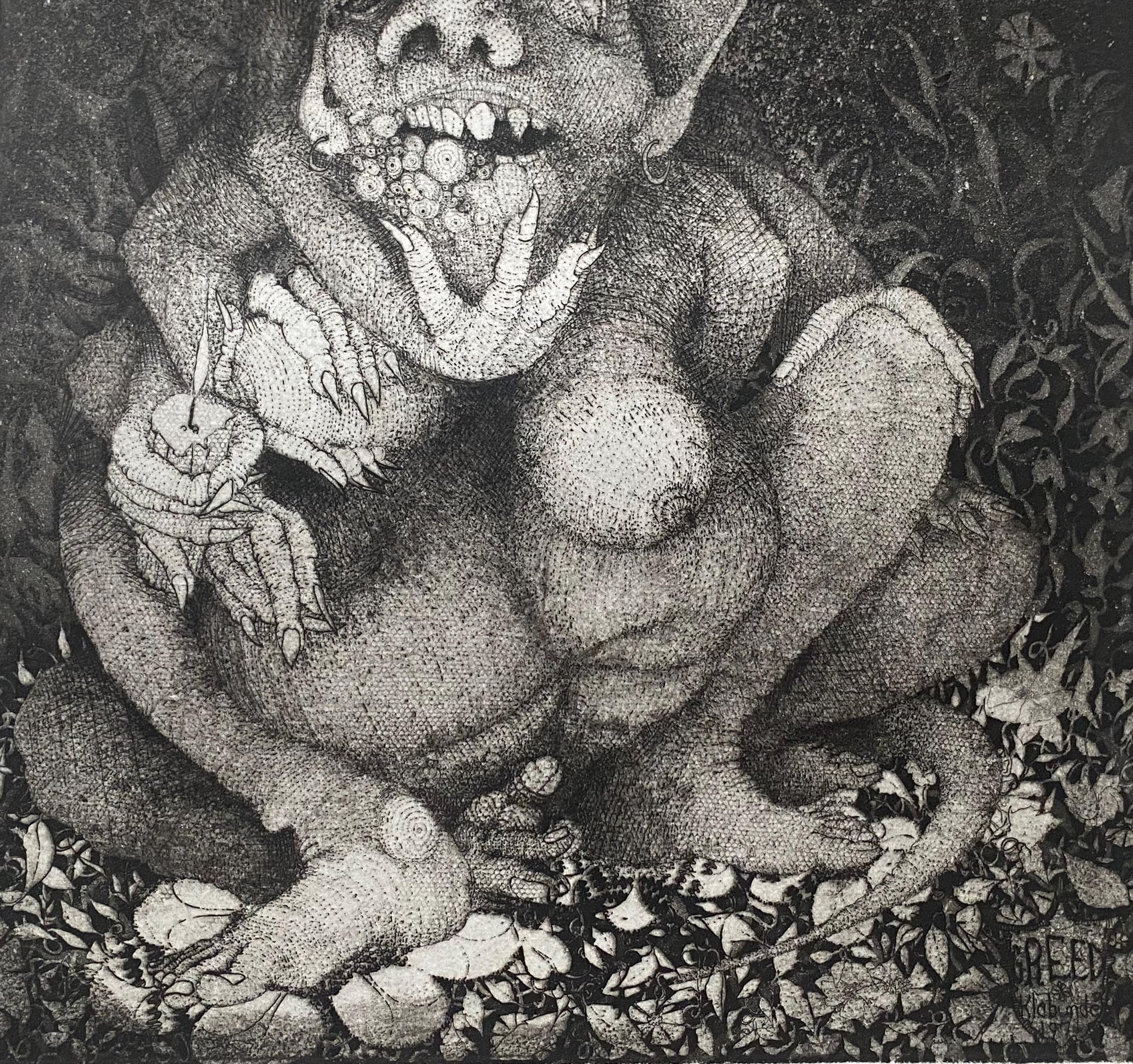 Greed. A Copper Plate Engraving by Charles S. Klabunde. Number 36 of 60. Signed and Dated 1974. Large: 70 x 49.5 cms.