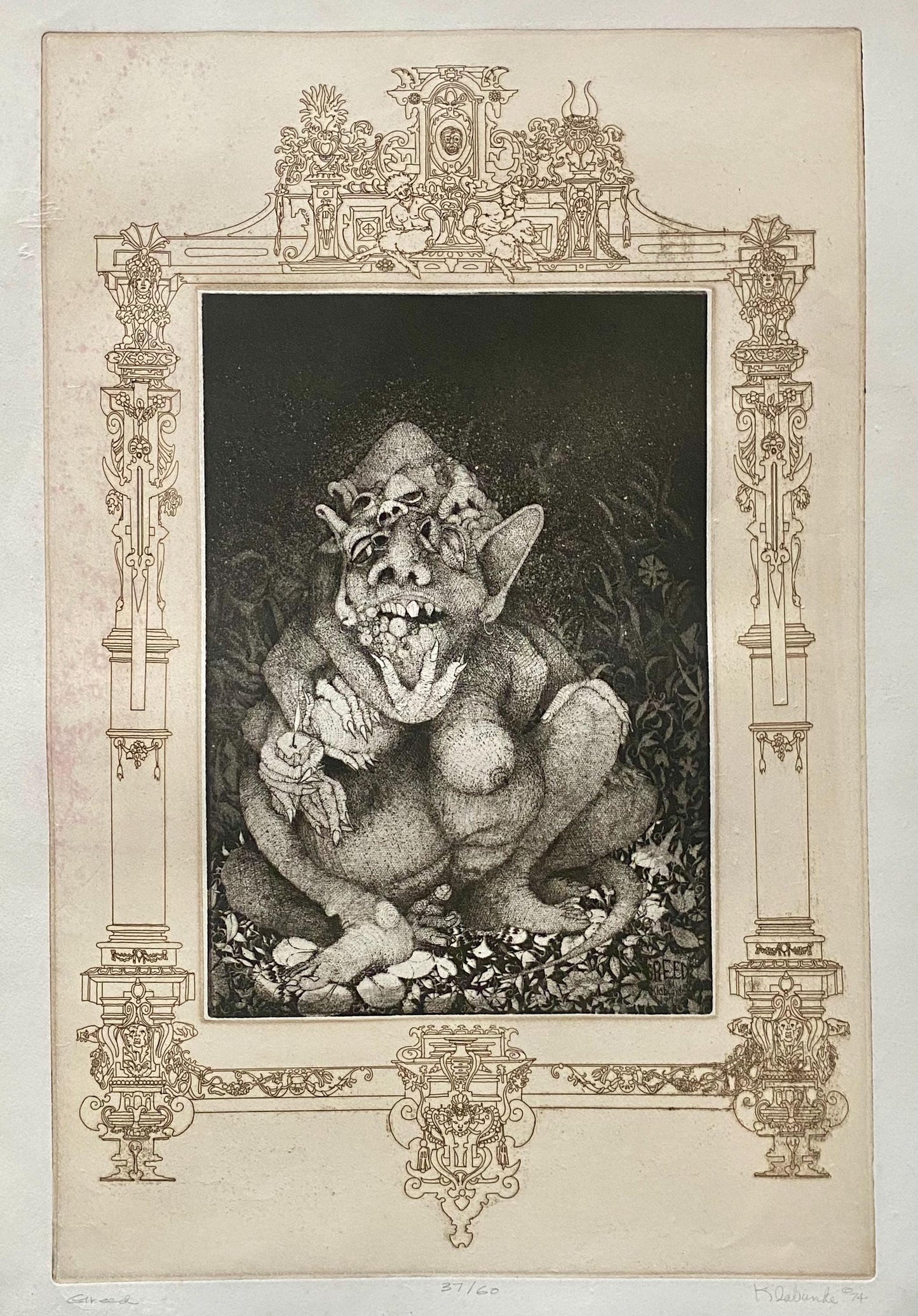 Greed. A Copper Plate Engraving by Charles S. Klabunde. Number 36 of 60. Signed and Dated 1974. Large: 70 x 49.5 cms.