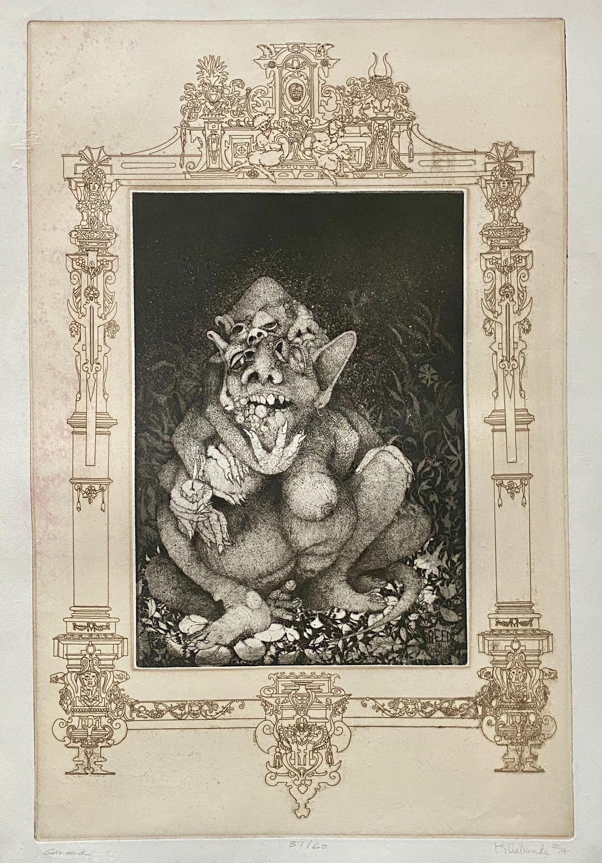 Greed. A Copper Plate Engraving by Charles S. Klabunde. Number 36 of 60. Signed and Dated 1974. Large: 70 x 49.5 cms.