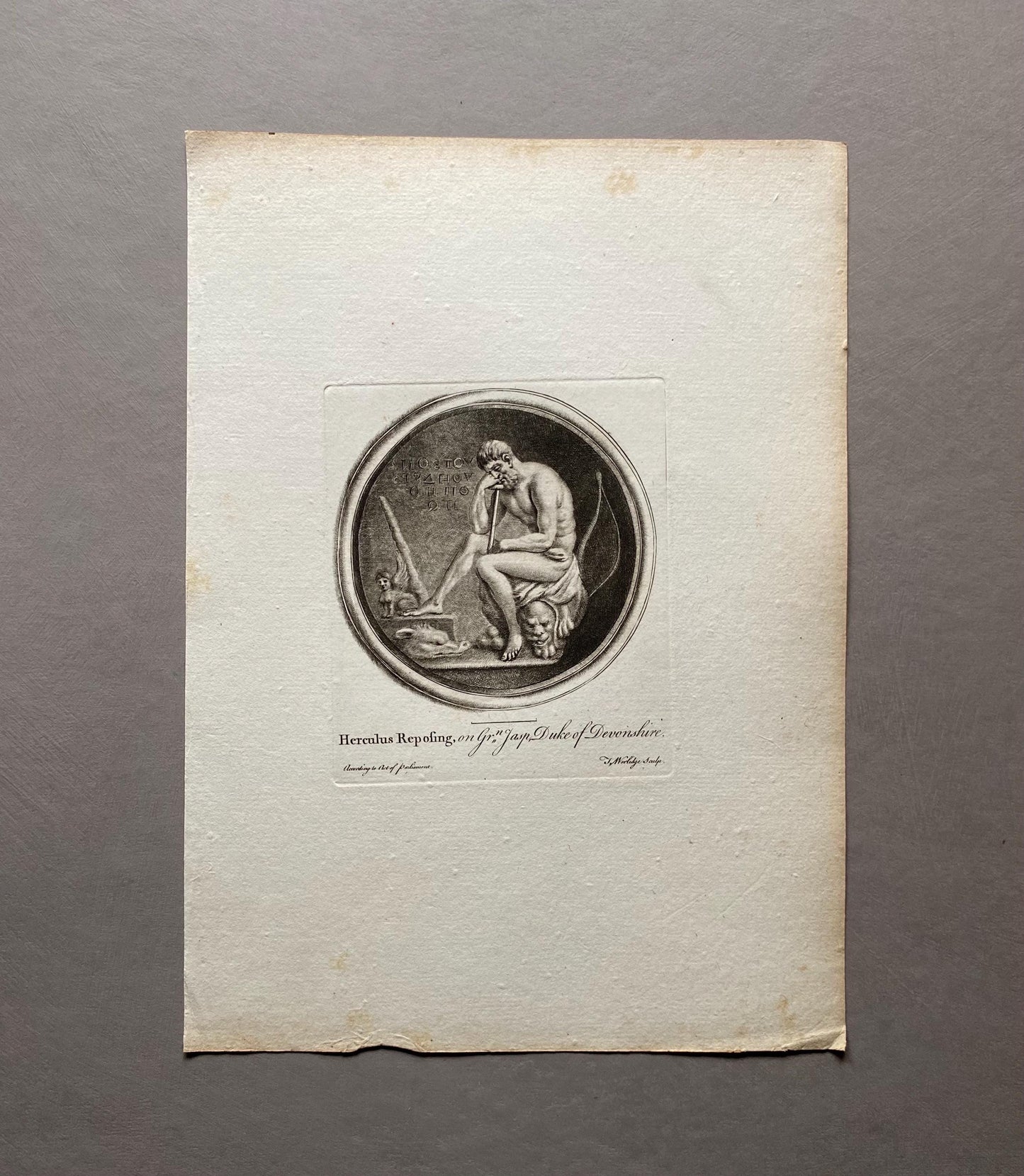 Herculus Reposing. Engraved by Thomas Worlidge. 18th Century. A Genuine Copperplate Engraving. Size: 20.5 x 27.5 cms.