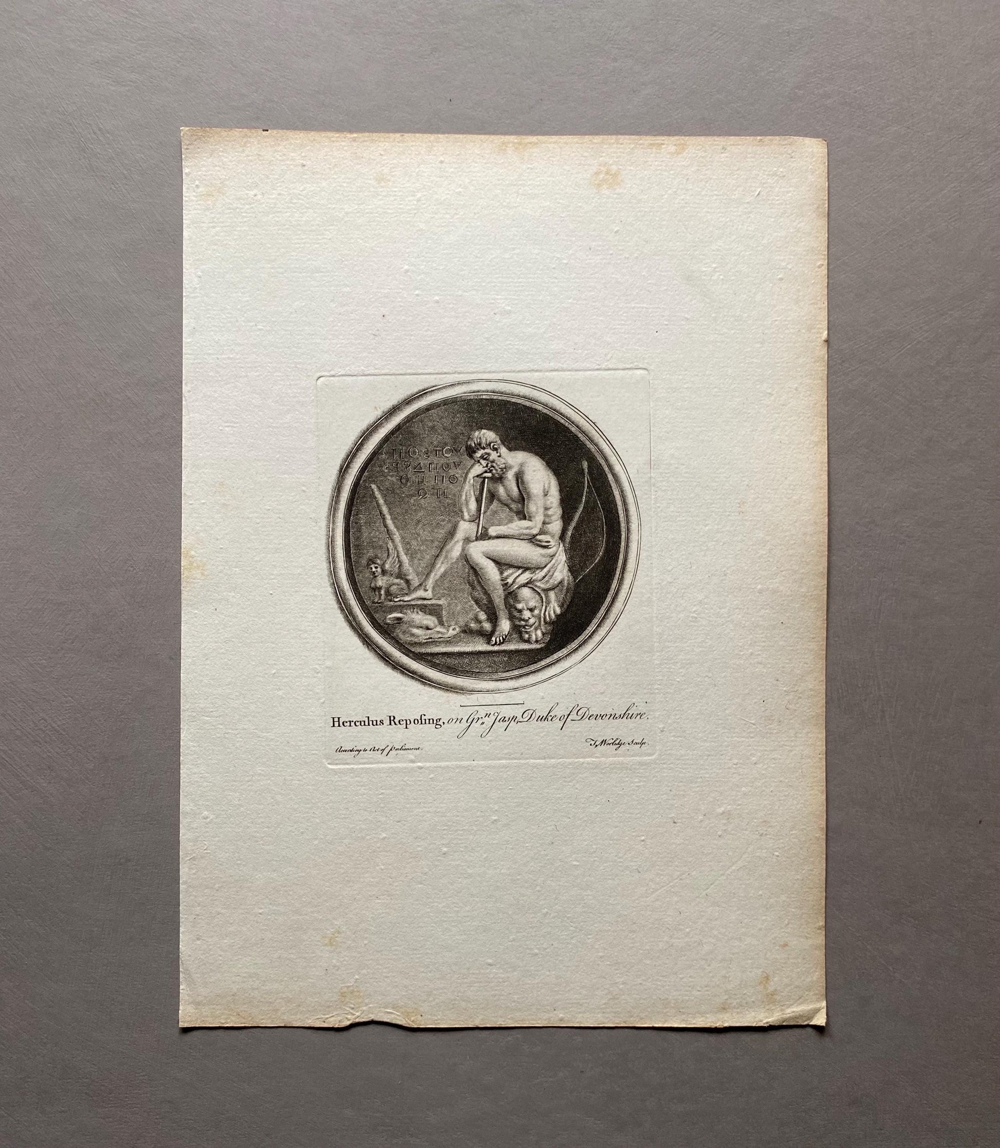 Herculus Reposing. Engraved by Thomas Worlidge. 18th Century. A Genuine Copperplate Engraving. Size: 20.5 x 27.5 cms.