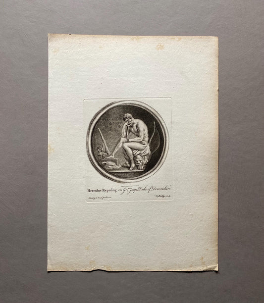 Herculus Reposing. Engraved by Thomas Worlidge. 18th Century. A Genuine Copperplate Engraving. Size: 20.5 x 27.5 cms.