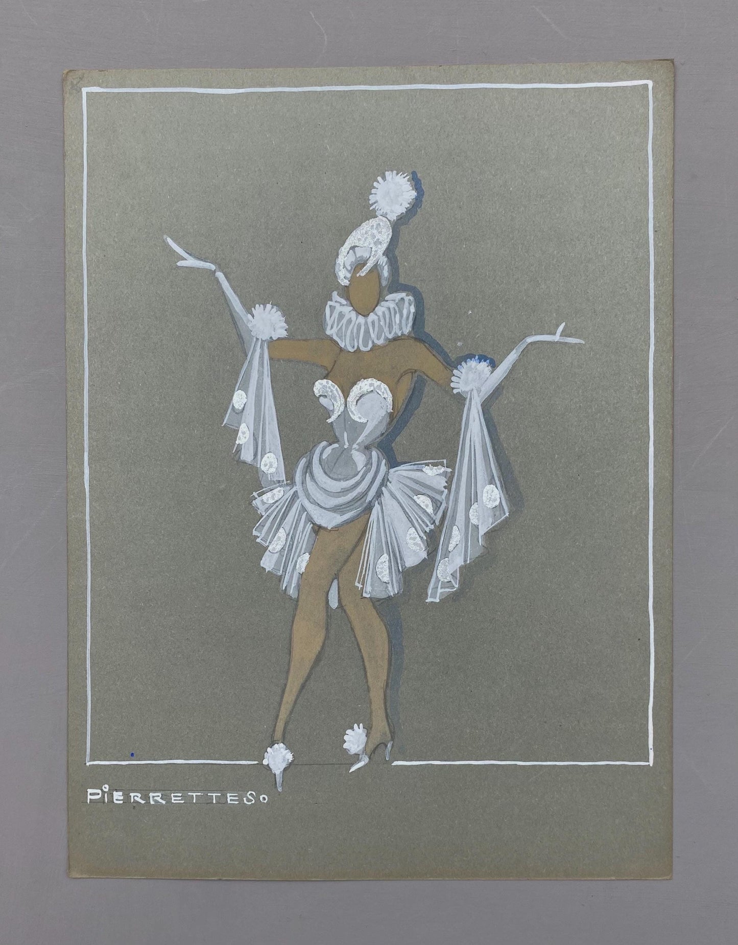 Original French Pierette theatre costume design from 1930s. Art Deco, painted in white, silver and grey enamels on card. Size: 32 x 24 cms