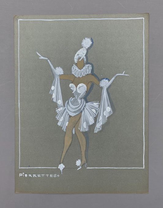 Original French Pierette theatre costume design from 1930s. Art Deco, painted in white, silver and grey enamels on card. Size: 32 x 24 cms