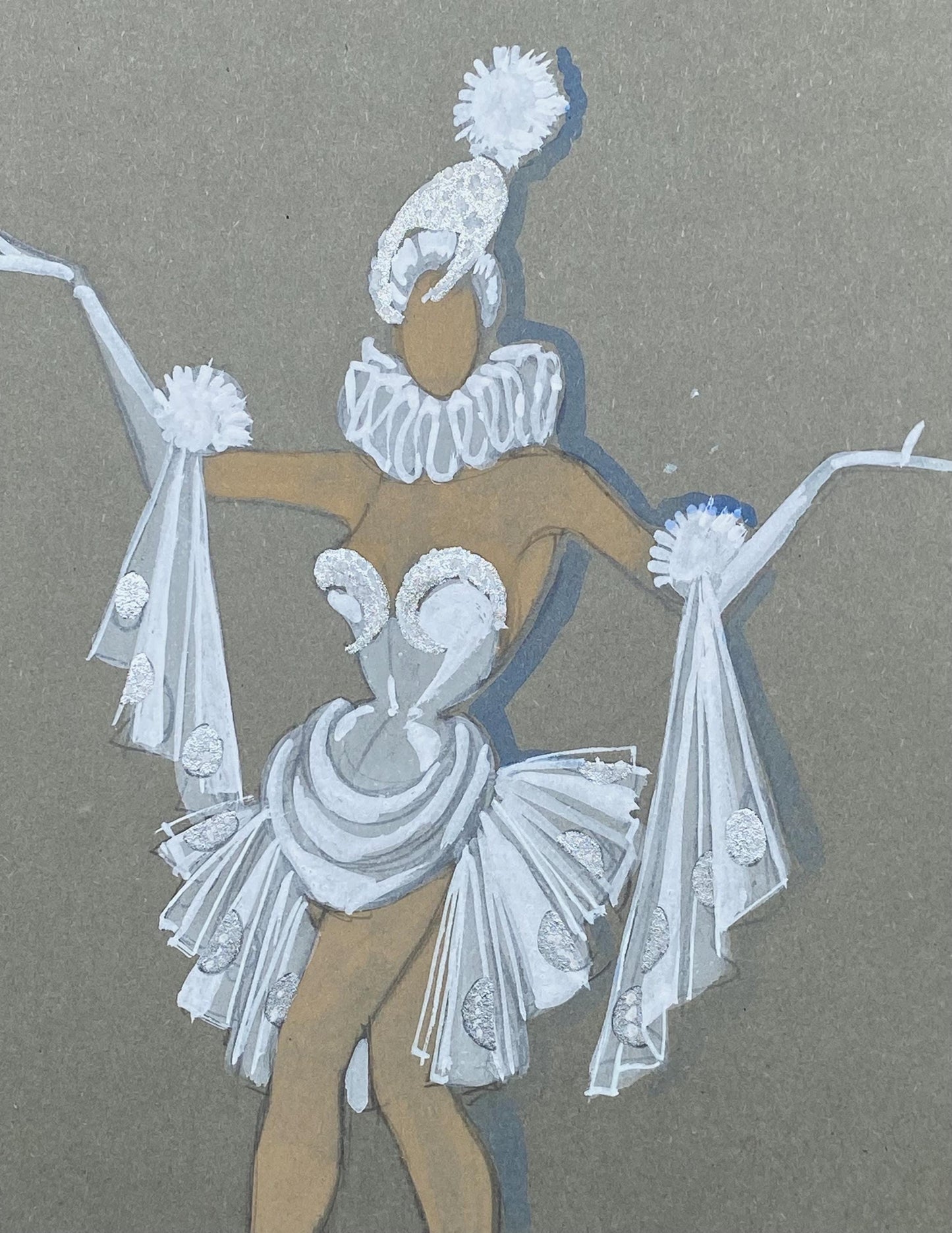 Original French Pierette theatre costume design from 1930s. Art Deco, painted in white, silver and grey enamels on card. Size: 32 x 24 cms