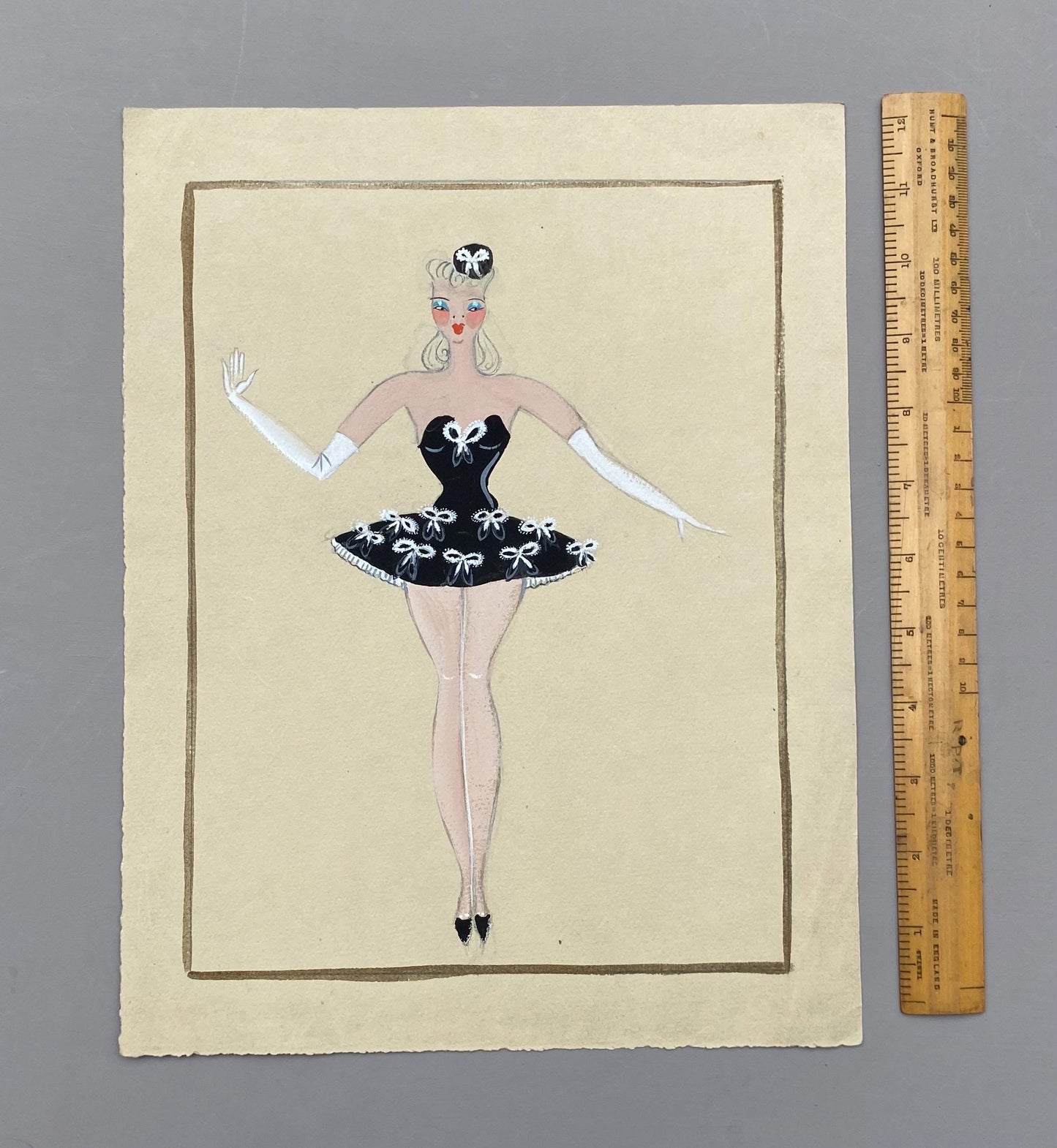 Original French theatre costume design from 1930/40s, painted in pastels and watercolour on card. Size: 32 x 25 cms