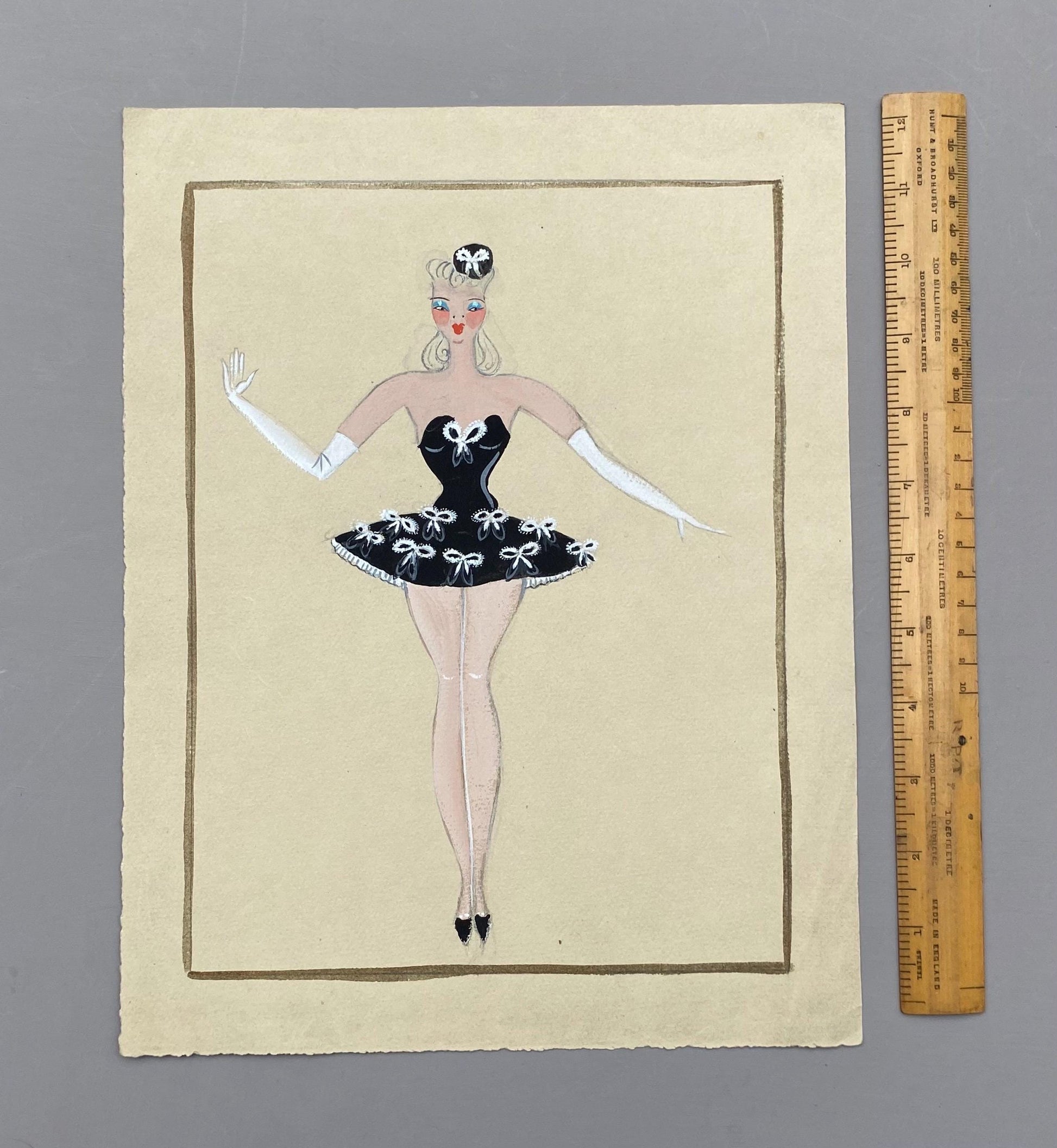 Original French theatre costume design from 1930/40s, painted in pastels and watercolour on card. Size: 32 x 25 cms