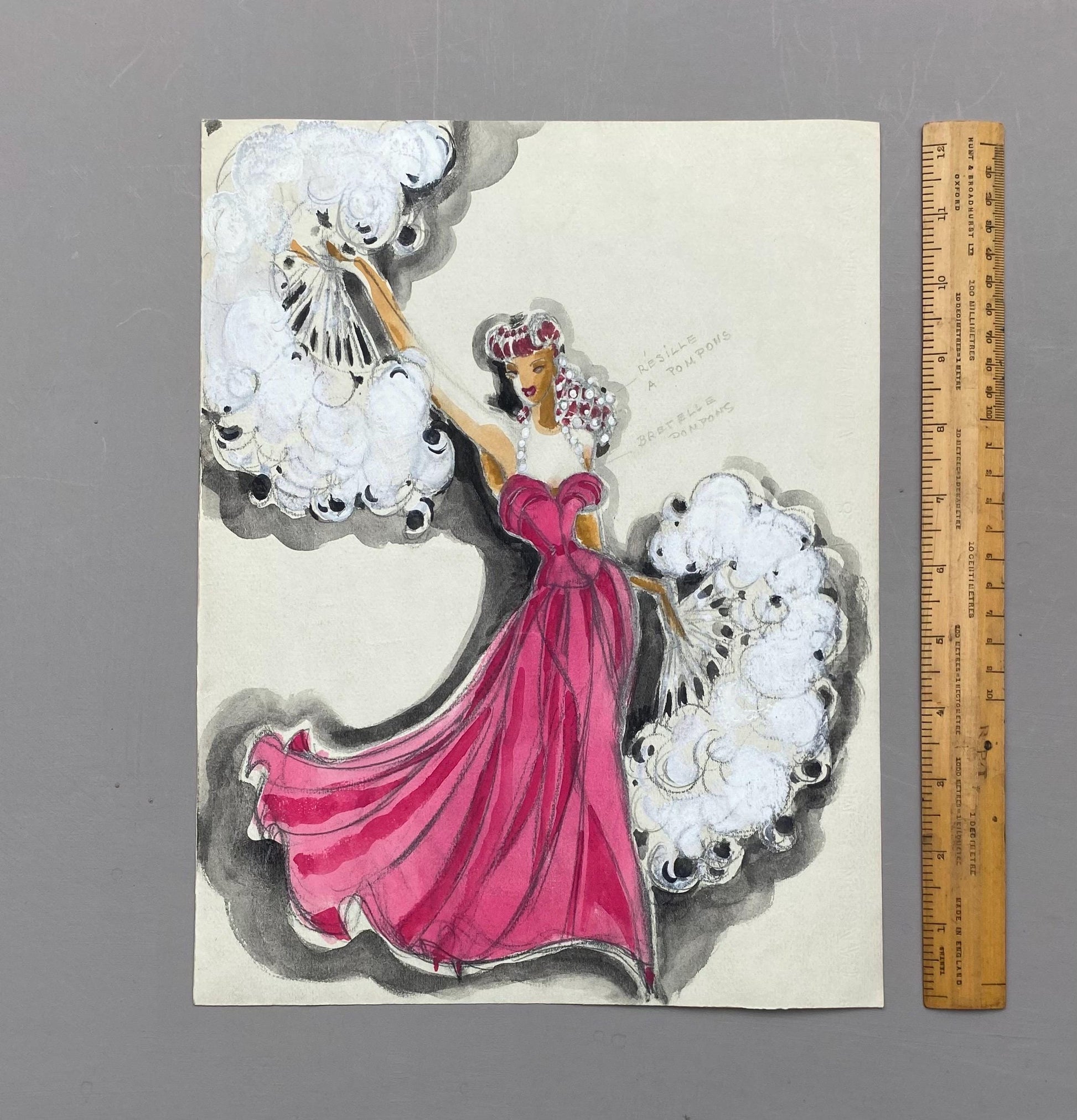Original French theatre costume design from 1930/40s, painted watercolour and enamels on paper . Size: 32 x 24.5 cms
