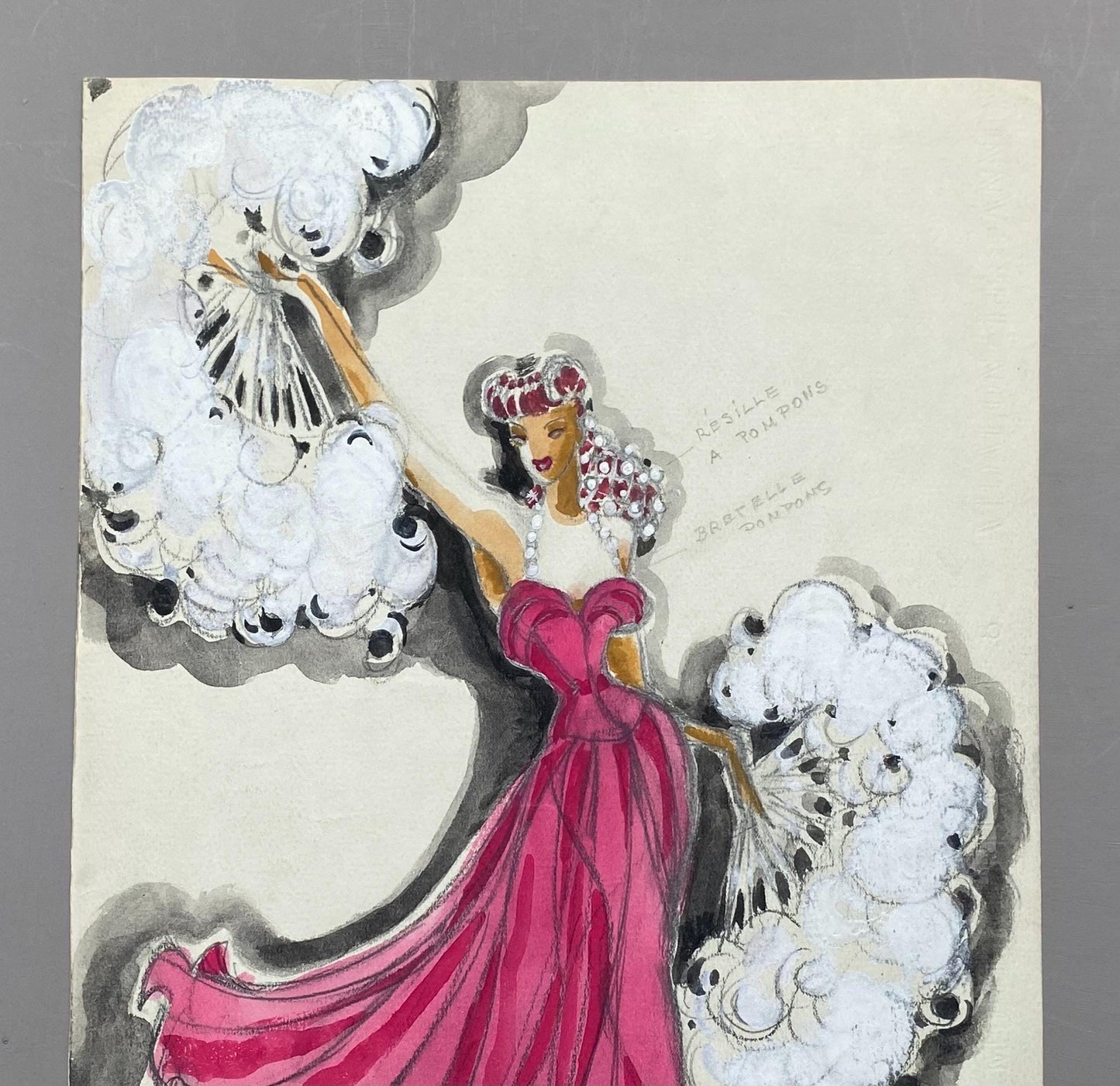 Original French theatre costume design from 1930/40s, painted watercolour and enamels on paper . Size: 32 x 24.5 cms