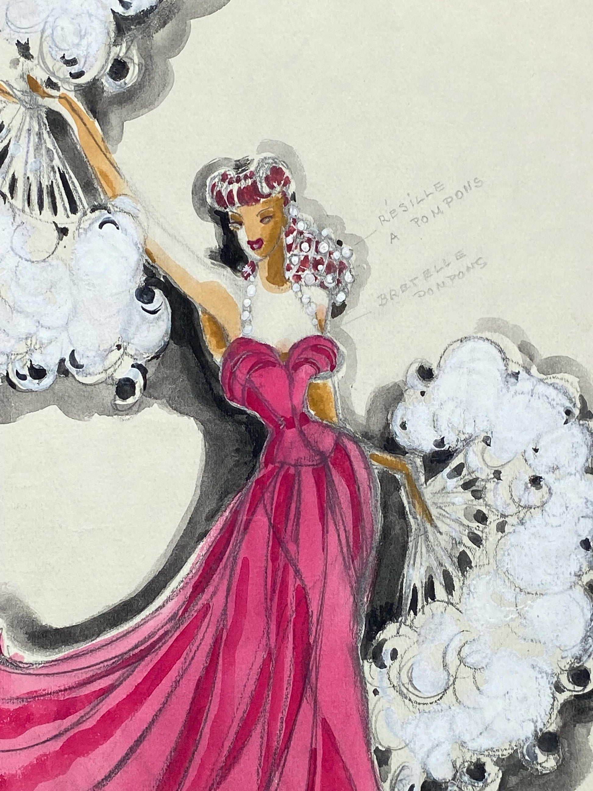Original French theatre costume design from 1930/40s, painted watercolour and enamels on paper . Size: 32 x 24.5 cms