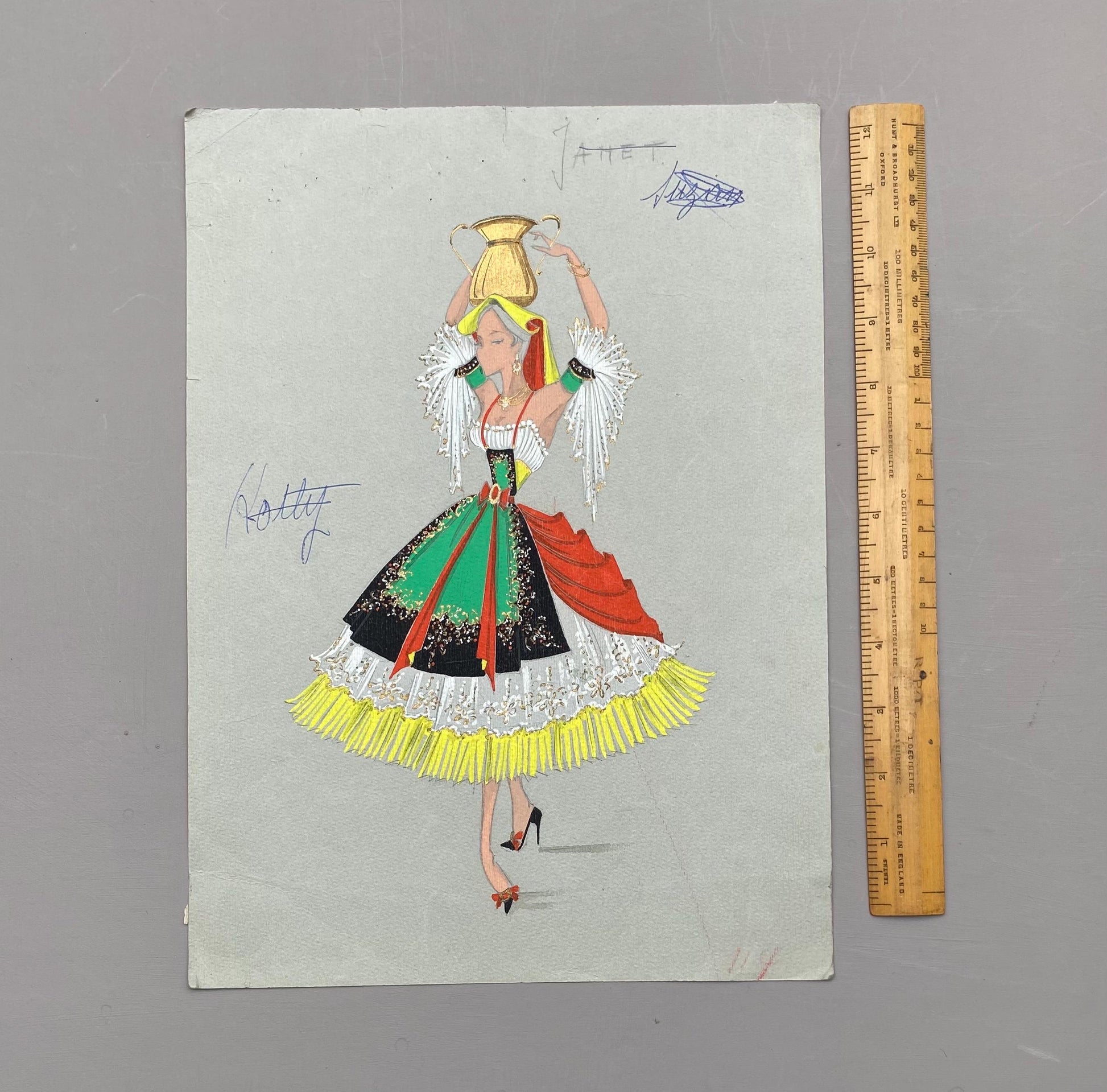 Original French theatre costume design from 1930/40s, painted watercolour and enamels on card . Size: 34.3 x 25 cms