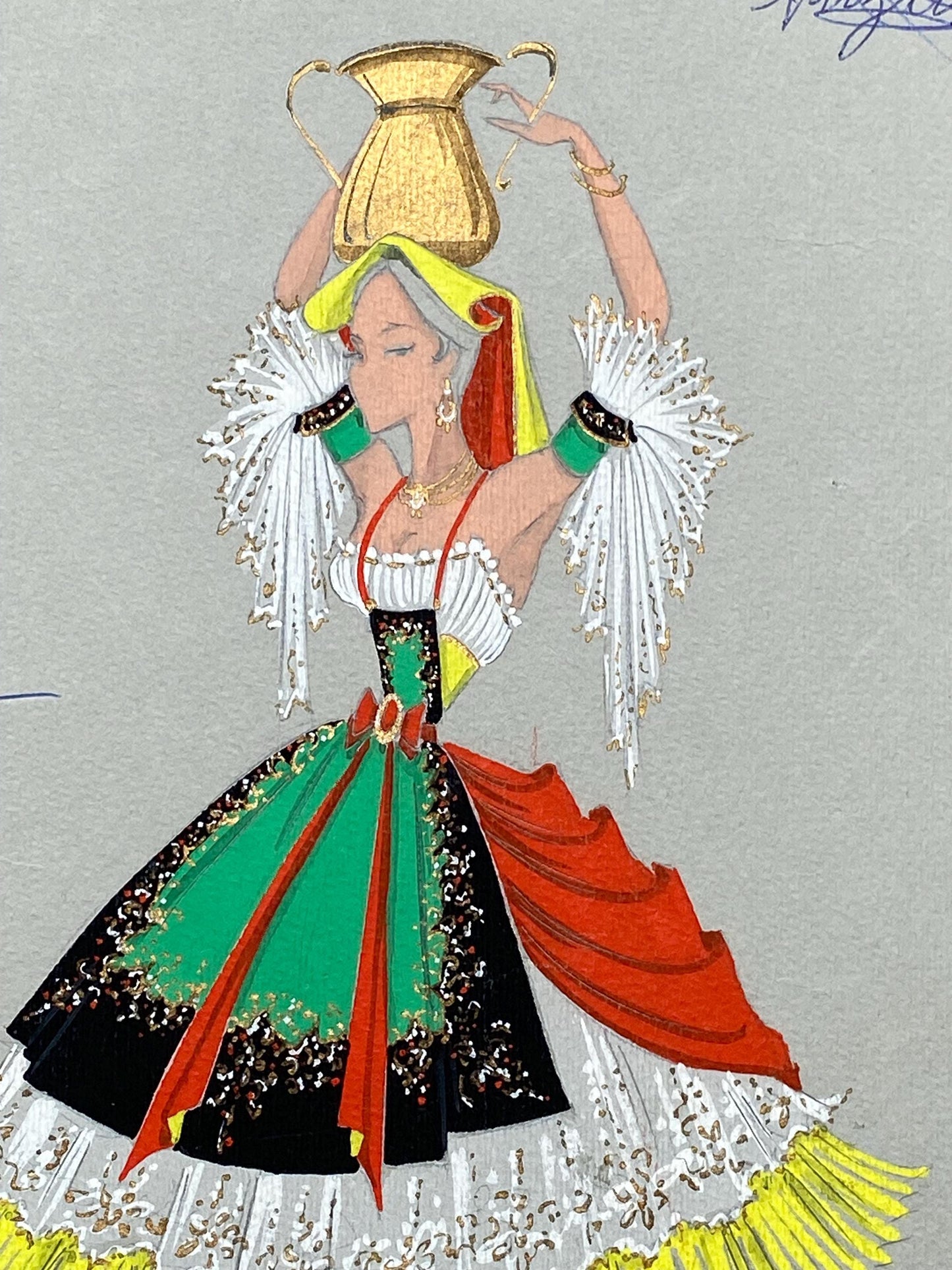 Original French theatre costume design from 1930/40s, painted watercolour and enamels on card . Size: 34.3 x 25 cms
