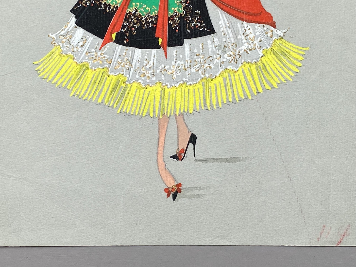 Original French theatre costume design from 1930/40s, painted watercolour and enamels on card . Size: 34.3 x 25 cms