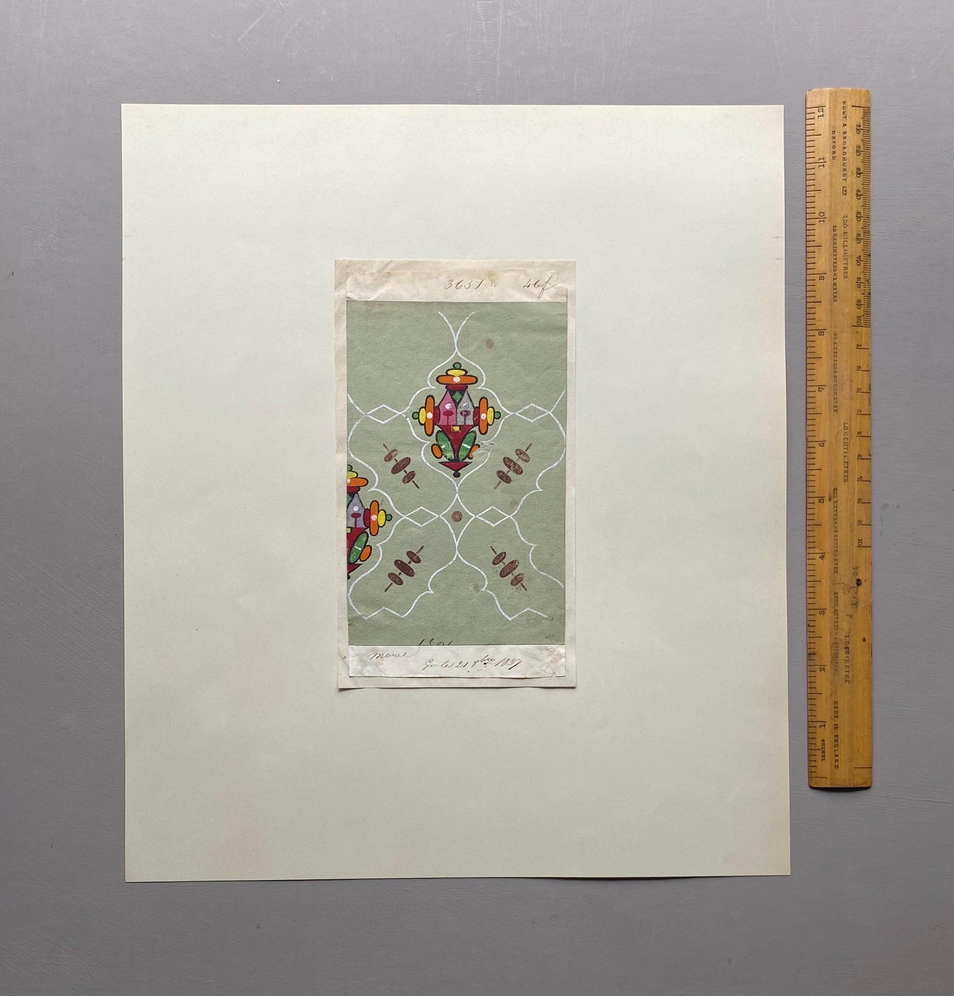 A handpainted 19th Century French Textile Design. Dated 1837. Mounted on Antique Paper. 35.4 x 30.4 cms.