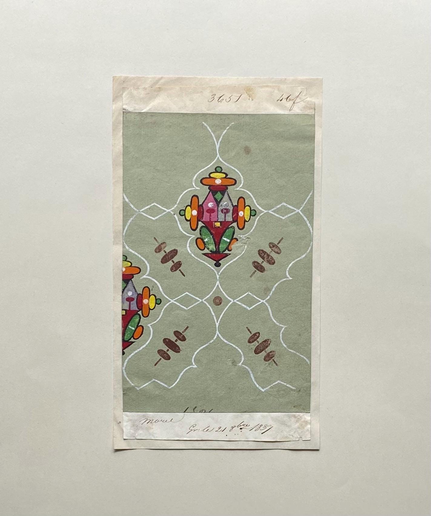 A handpainted 19th Century French Textile Design. Dated 1837. Mounted on Antique Paper. 35.4 x 30.4 cms.