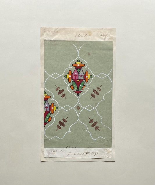 A handpainted 19th Century French Textile Design. Dated 1837. Mounted on Antique Paper. 35.4 x 30.4 cms.