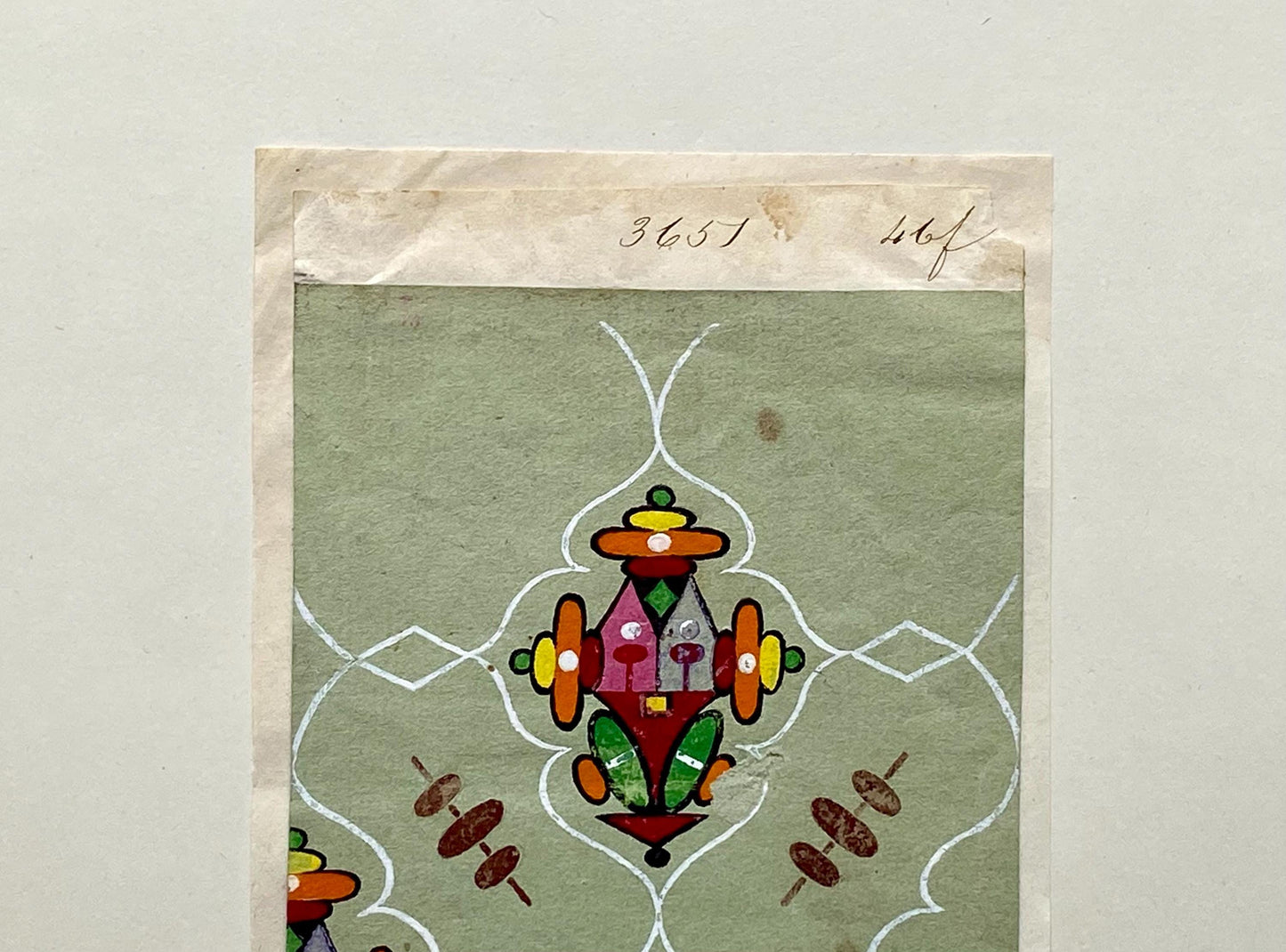 A handpainted 19th Century French Textile Design. Dated 1837. Mounted on Antique Paper. 35.4 x 30.4 cms.