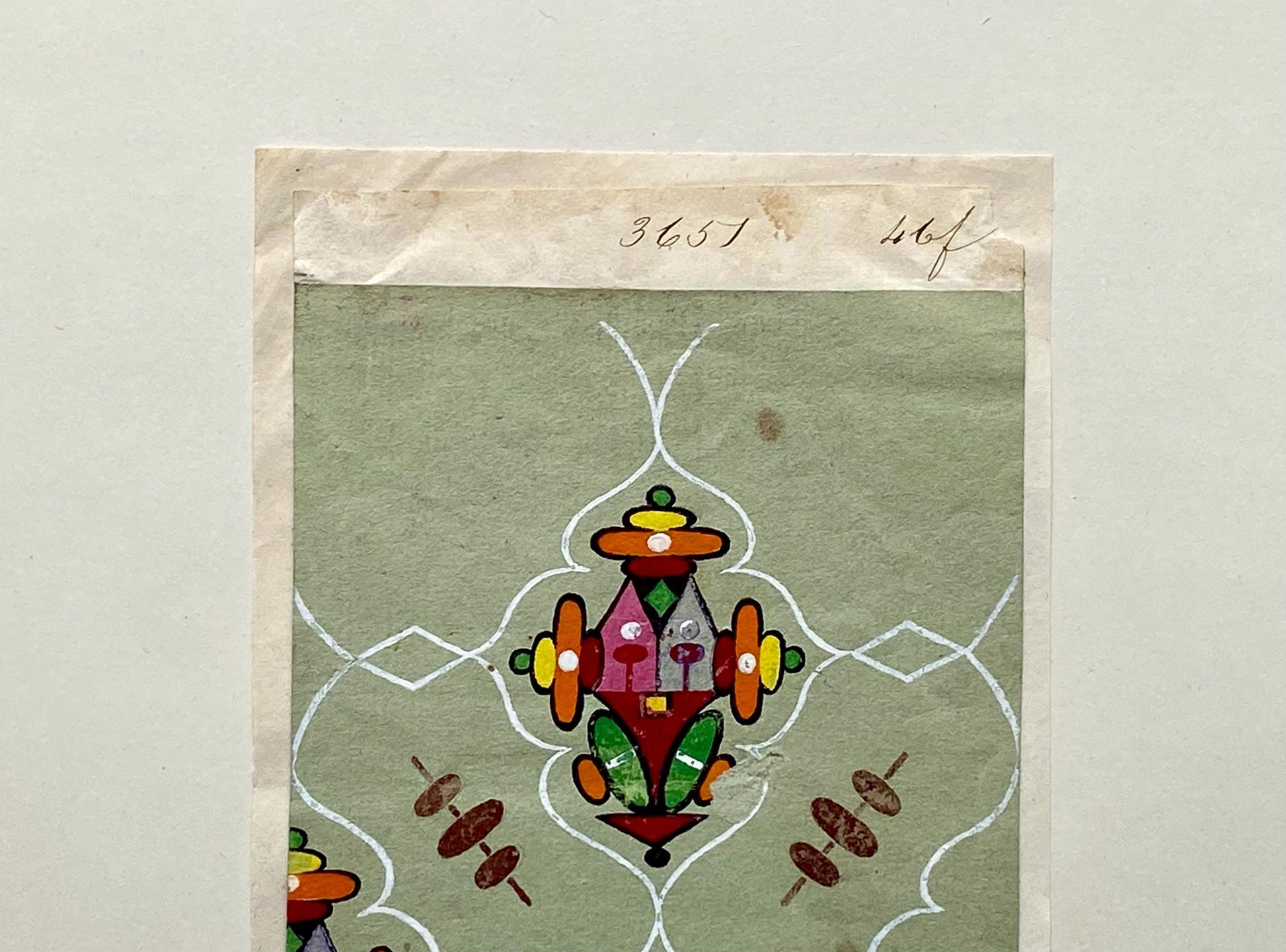 A handpainted 19th Century French Textile Design. Dated 1837. Mounted on Antique Paper. 35.4 x 30.4 cms.