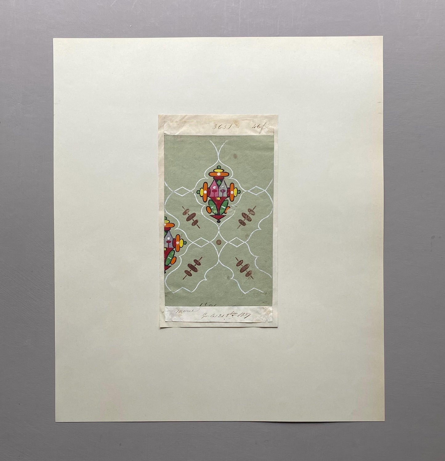 A handpainted 19th Century French Textile Design. Dated 1837. Mounted on Antique Paper. 35.4 x 30.4 cms.