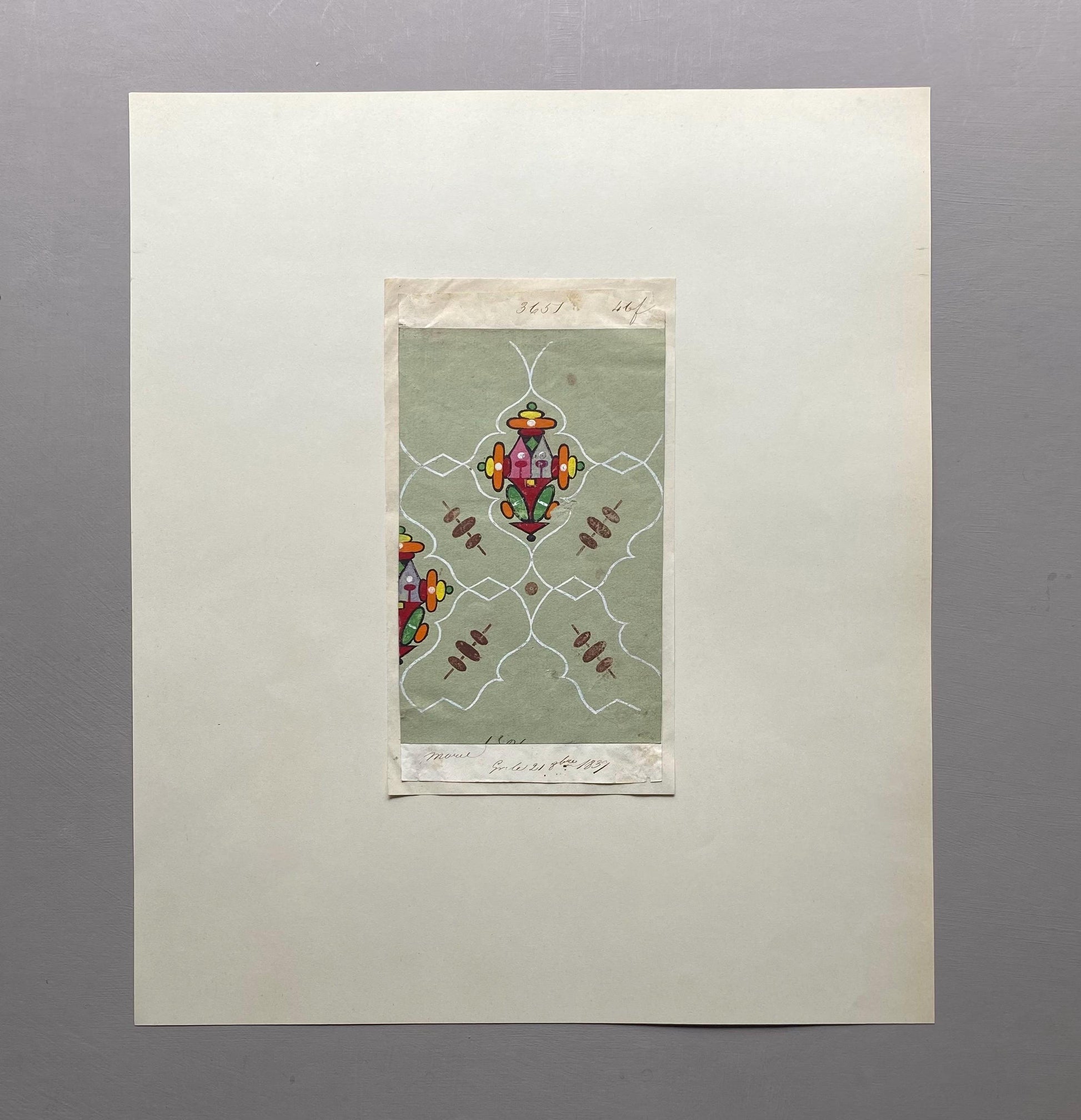A handpainted 19th Century French Textile Design. Dated 1837. Mounted on Antique Paper. 35.4 x 30.4 cms.