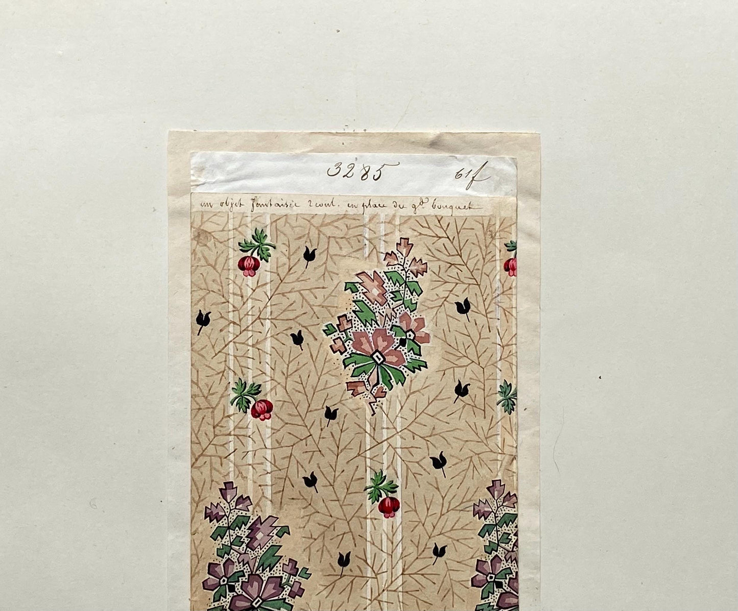 A handpainted 19th Century French Textile Design. Dated 1837. Mounted on Antique Paper. 35.4 x 30.4 cms.