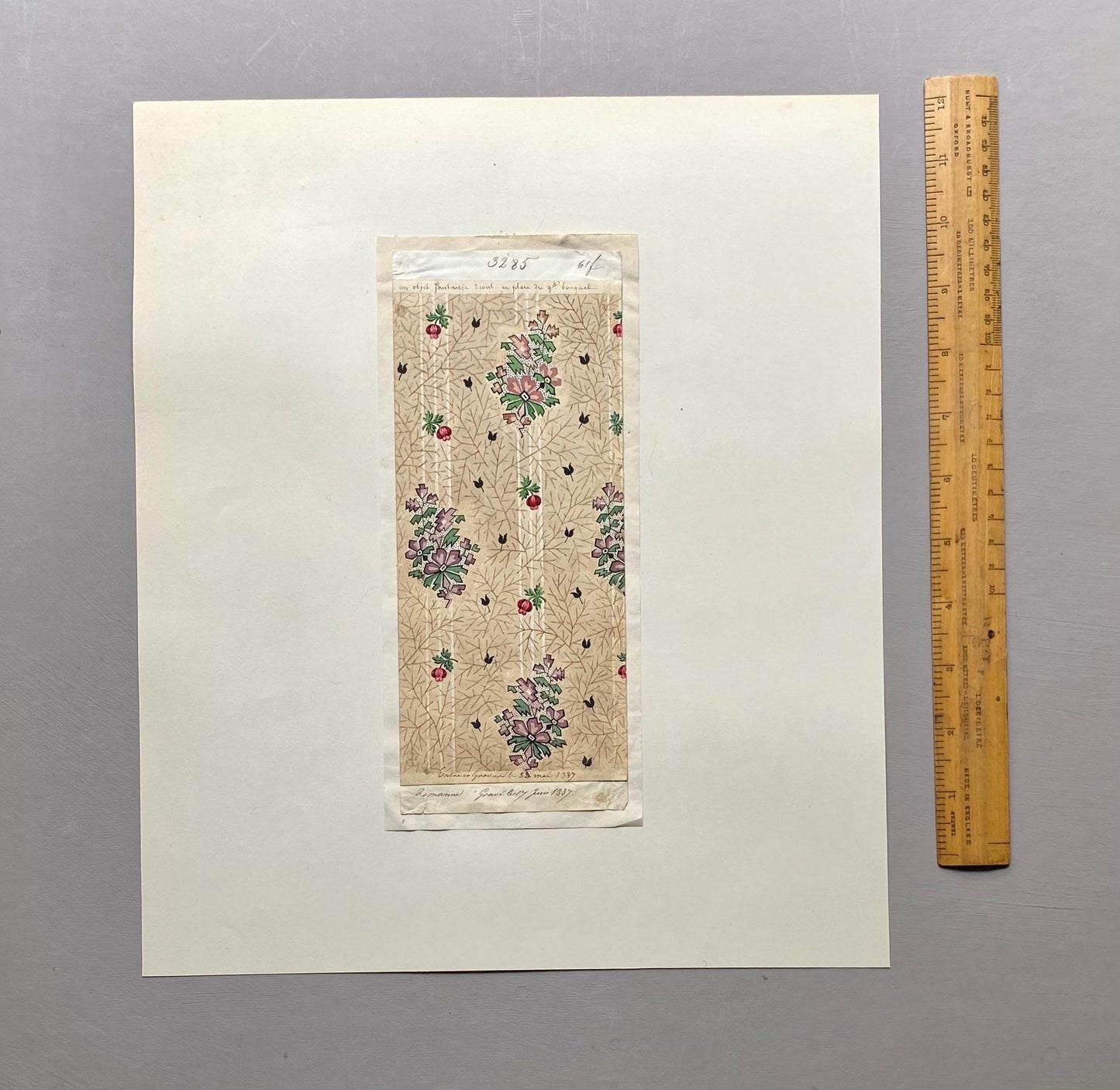 A handpainted 19th Century French Textile Design. Dated 1837. Mounted on Antique Paper. 35.4 x 30.4 cms.