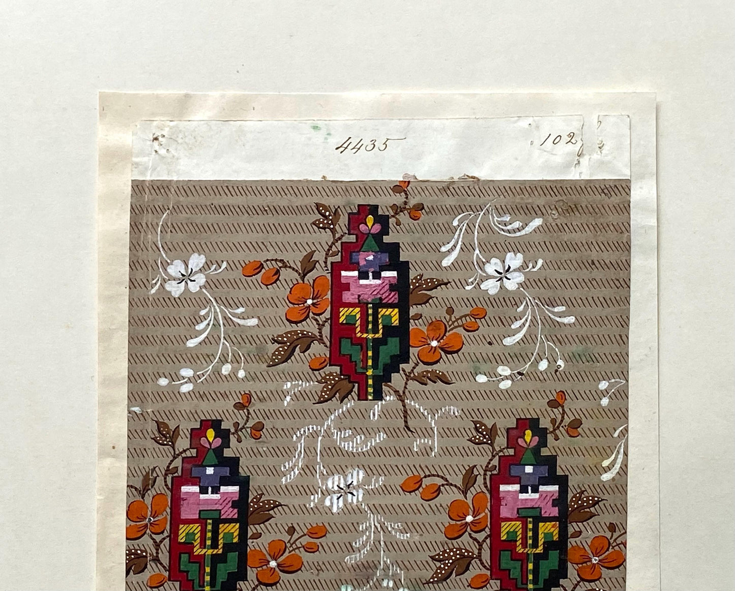 A handpainted 19th Century French Textile Design. Dated 1838. Mounted on Antique Paper. 35.4 x 30.4 cms.