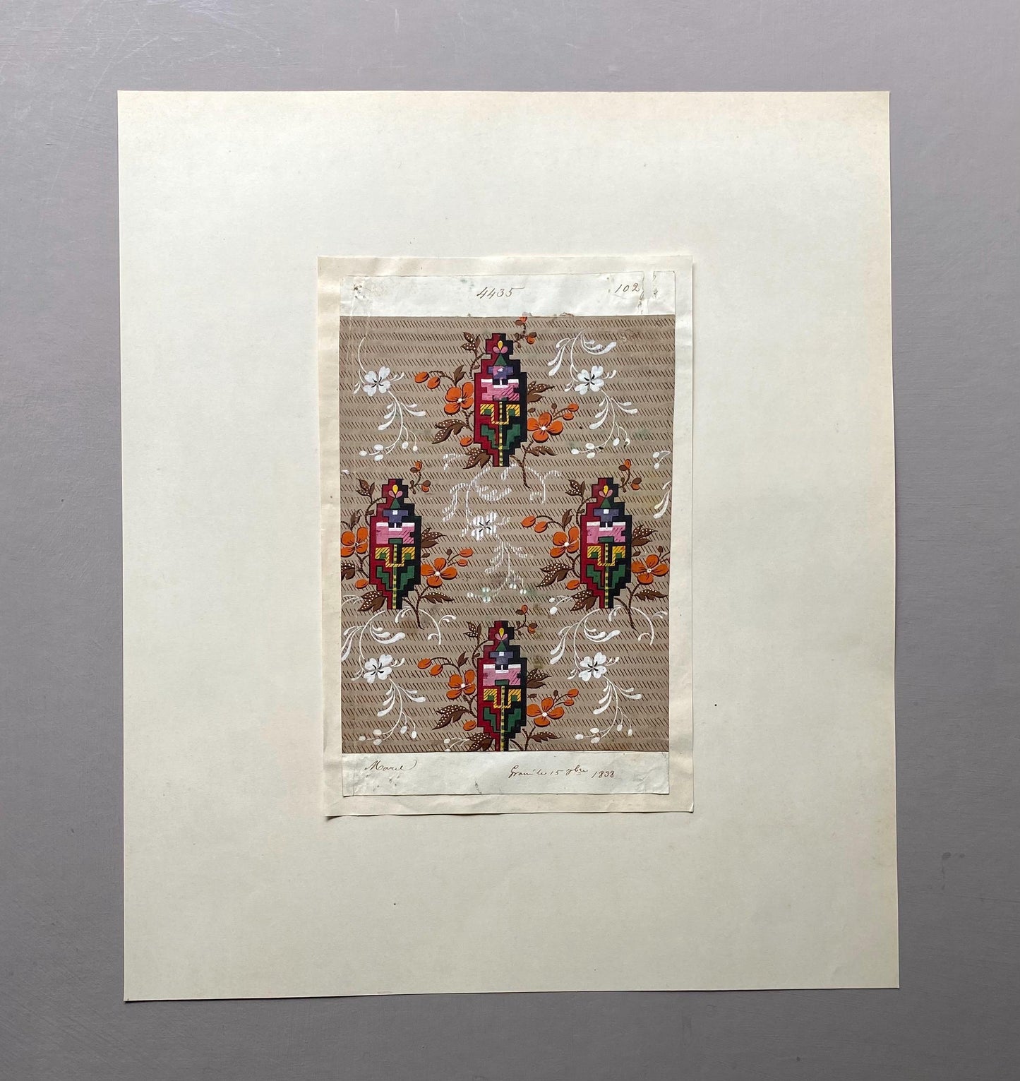 A handpainted 19th Century French Textile Design. Dated 1838. Mounted on Antique Paper. 35.4 x 30.4 cms.