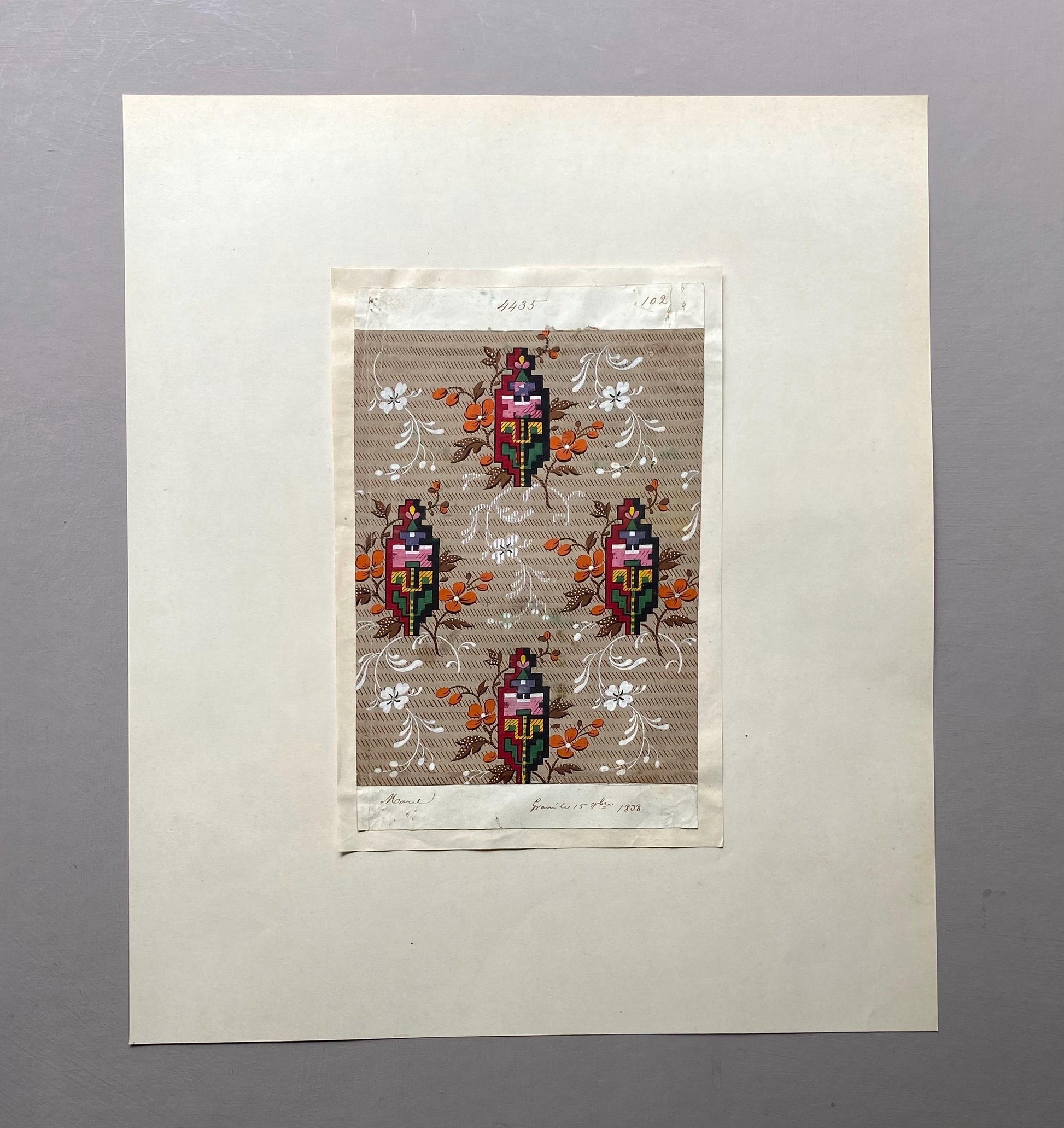 A handpainted 19th Century French Textile Design. Dated 1838. Mounted on Antique Paper. 35.4 x 30.4 cms.