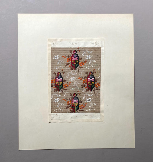 A handpainted 19th Century French Textile Design. Dated 1838. Mounted on Antique Paper. 35.4 x 30.4 cms.