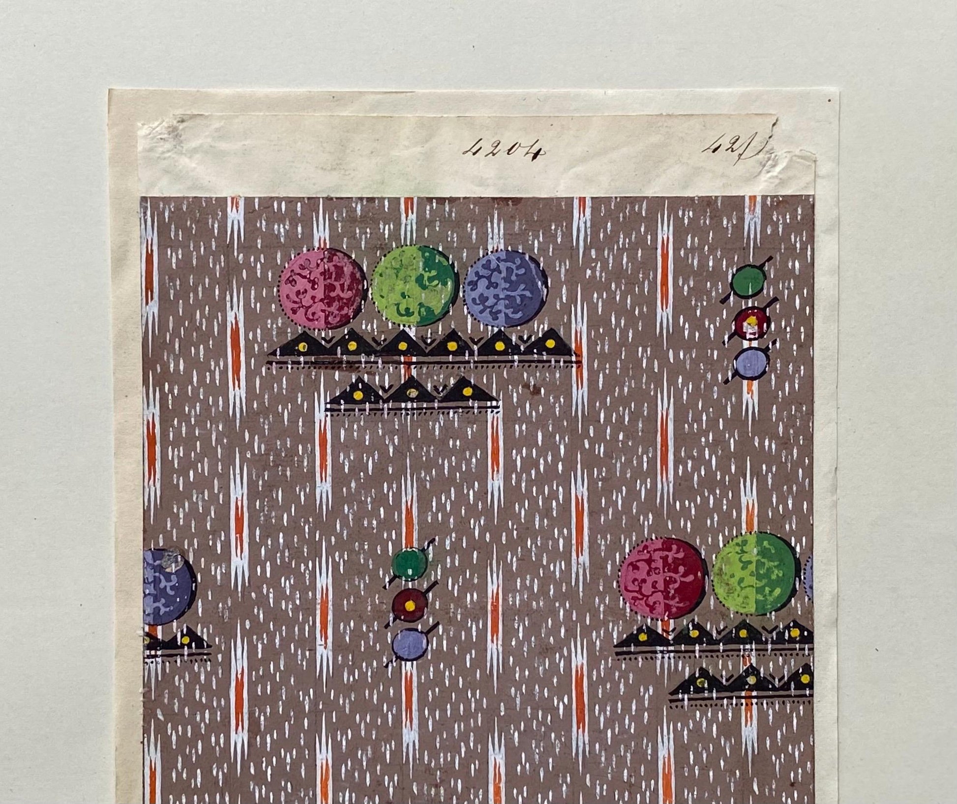 A handpainted 19th Century French Textile Design. Dated 1838. Mounted on Antique Paper. 35.4 x 30.4 cms.