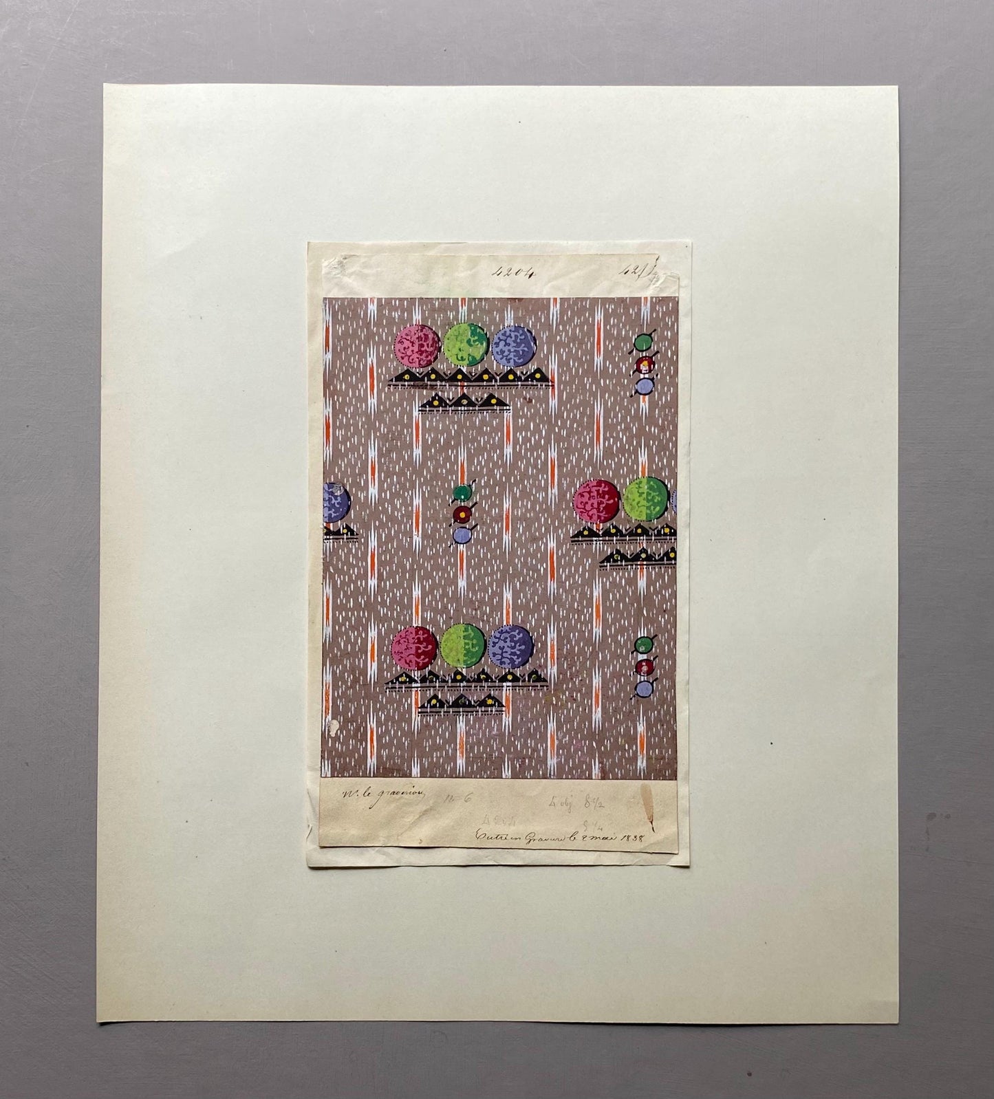 A handpainted 19th Century French Textile Design. Dated 1838. Mounted on Antique Paper. 35.4 x 30.4 cms.