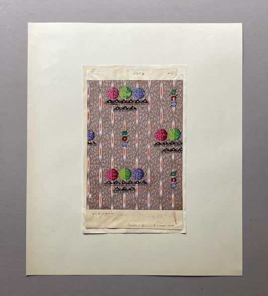 A handpainted 19th Century French Textile Design. Dated 1838. Mounted on Antique Paper. 35.4 x 30.4 cms.