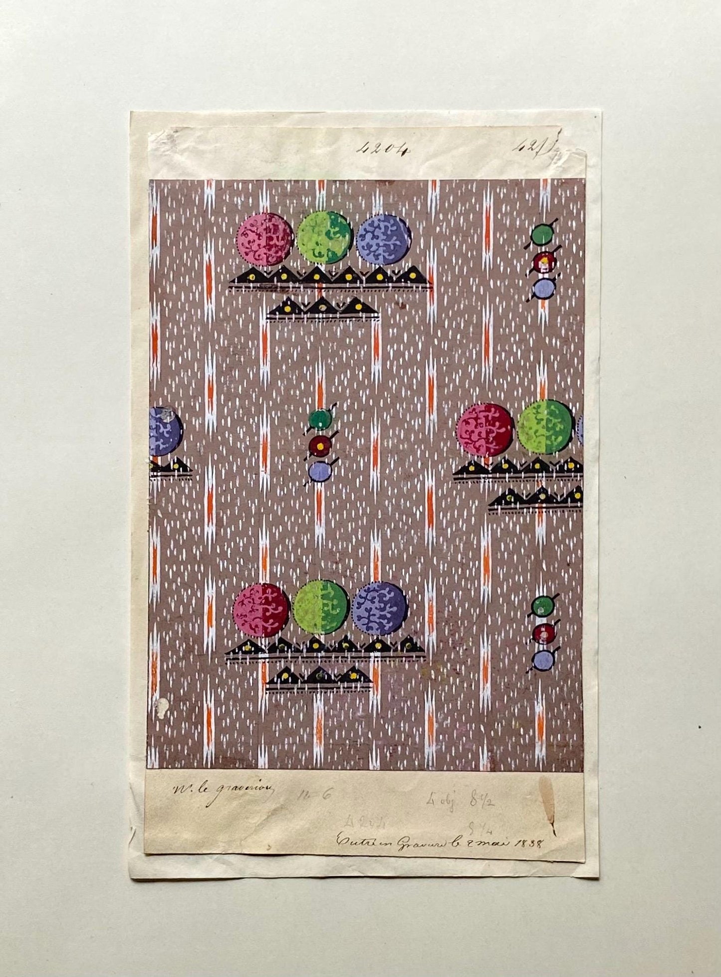 A handpainted 19th Century French Textile Design. Dated 1838. Mounted on Antique Paper. 35.4 x 30.4 cms.