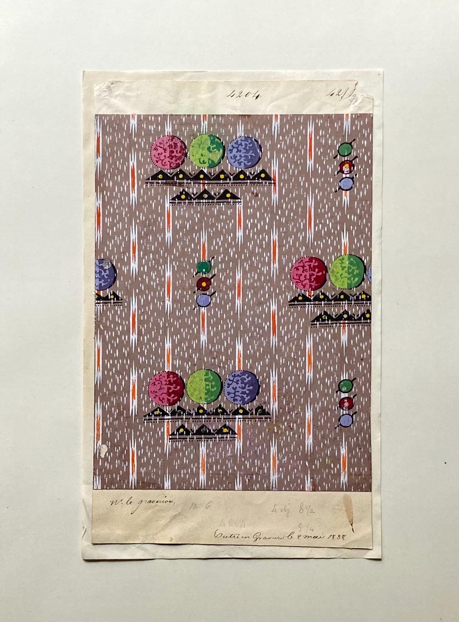 A handpainted 19th Century French Textile Design. Dated 1838. Mounted on Antique Paper. 35.4 x 30.4 cms.