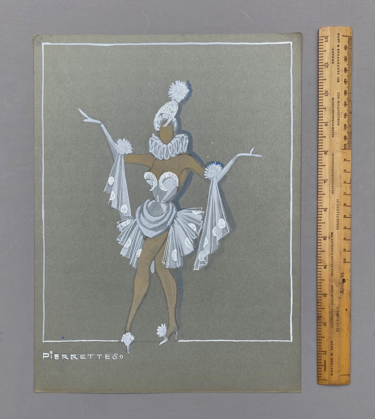 Original French Pierette theatre costume design from 1930s. Art Deco, painted in white, silver and grey enamels on card. Size: 32 x 24 cms