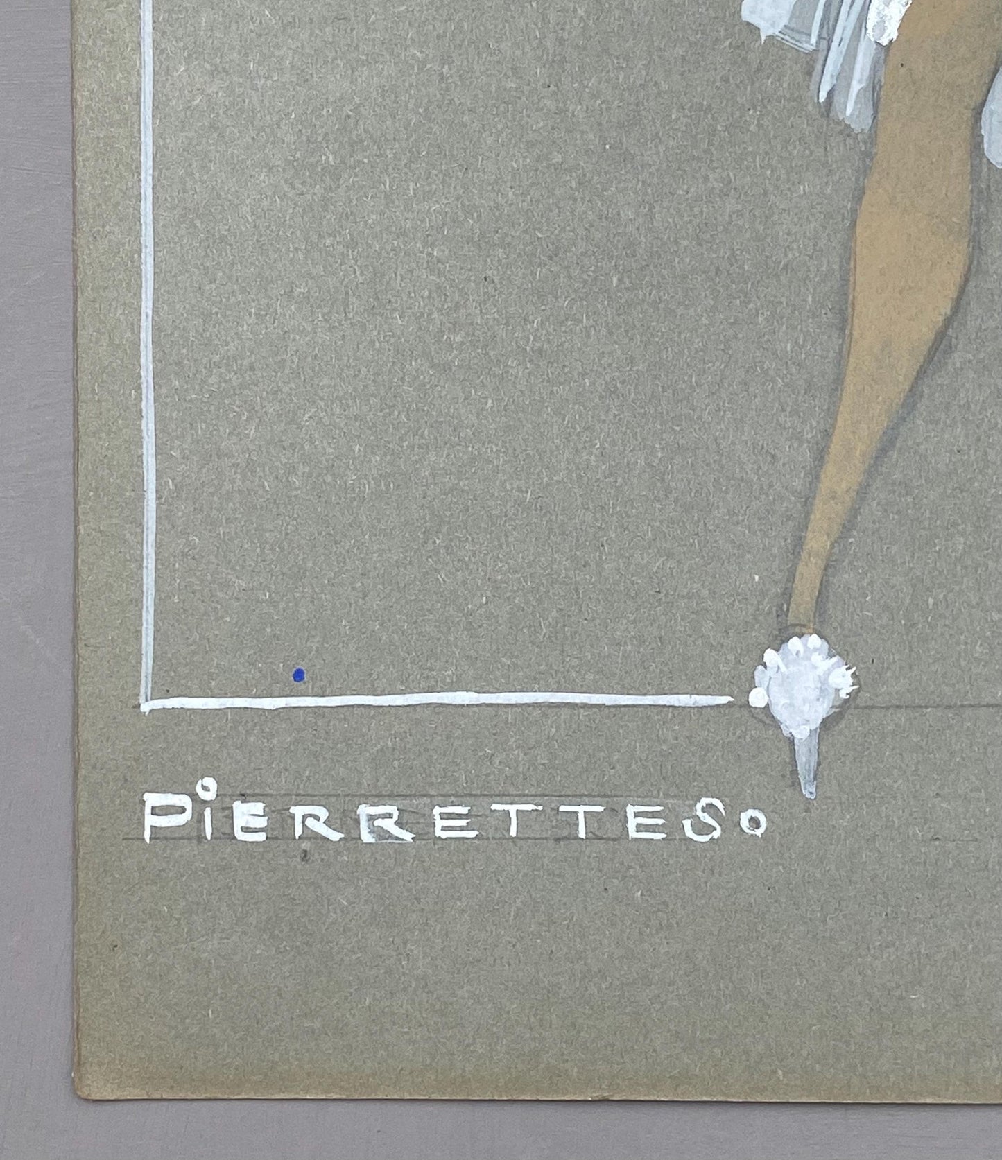 Original French Pierette theatre costume design from 1930s. Art Deco, painted in white, silver and grey enamels on card. Size: 32 x 24 cms