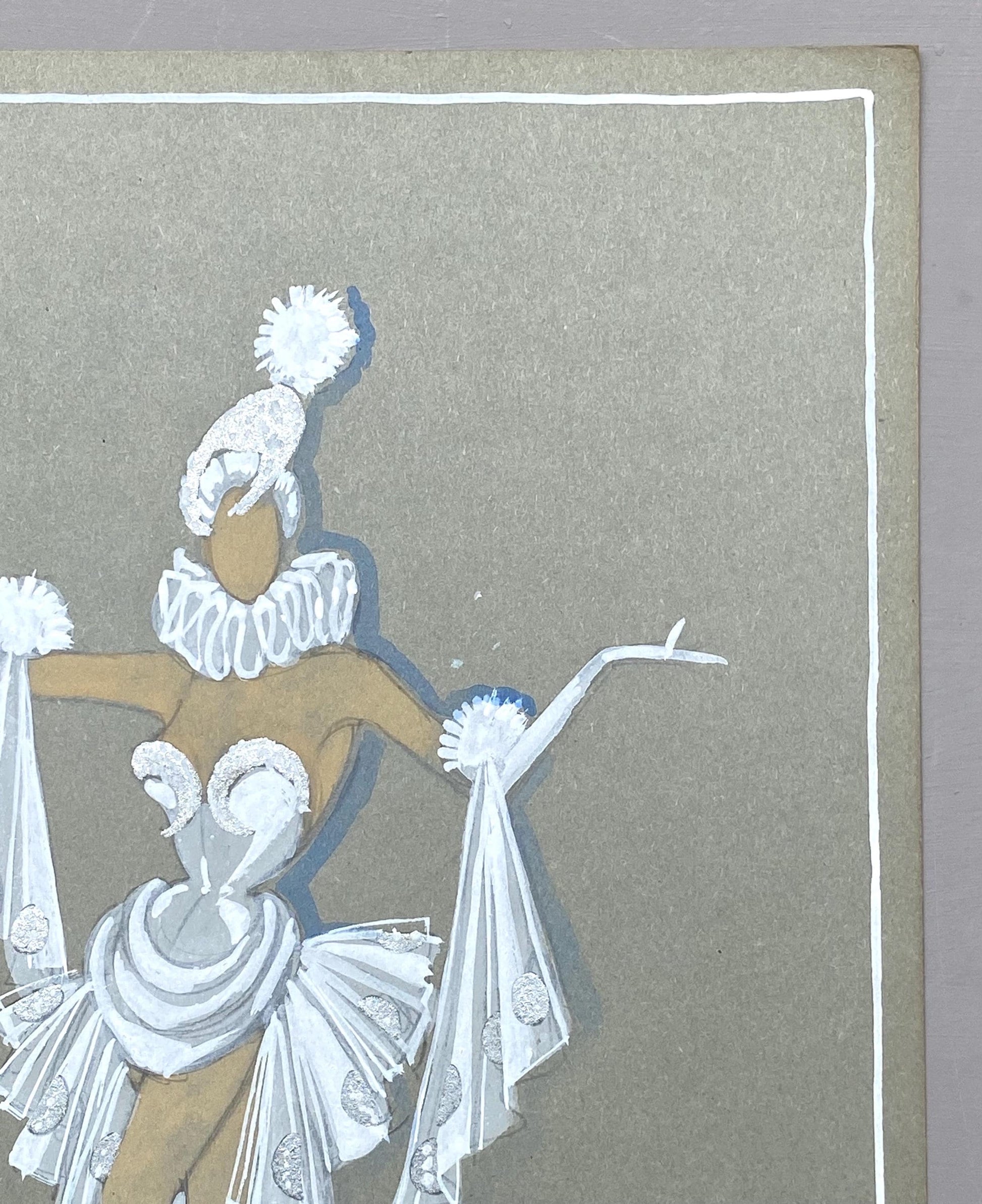 Original French Pierette theatre costume design from 1930s. Art Deco, painted in white, silver and grey enamels on card. Size: 32 x 24 cms