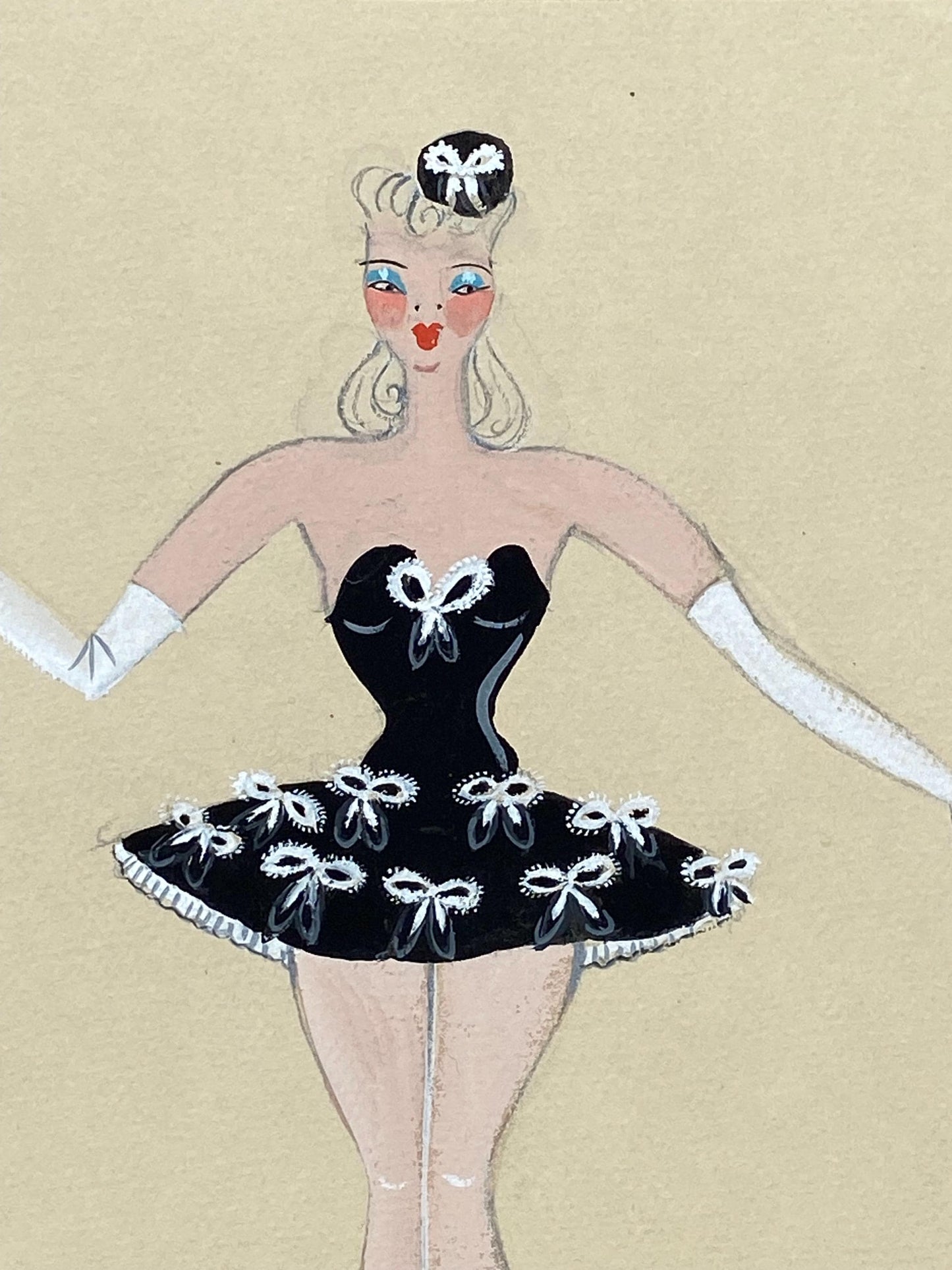 Original French theatre costume design from 1930/40s, painted in pastels and watercolour on card. Size: 32 x 25 cms