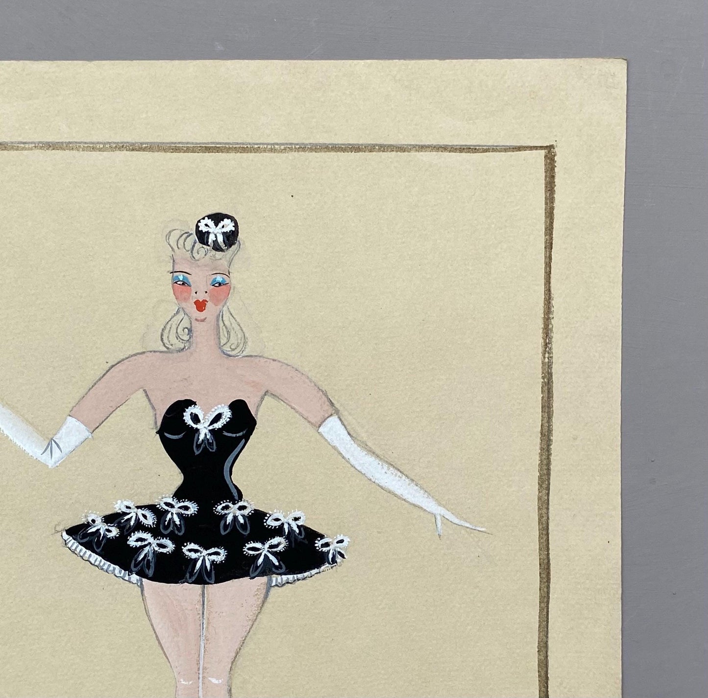 Original French theatre costume design from 1930/40s, painted in pastels and watercolour on card. Size: 32 x 25 cms